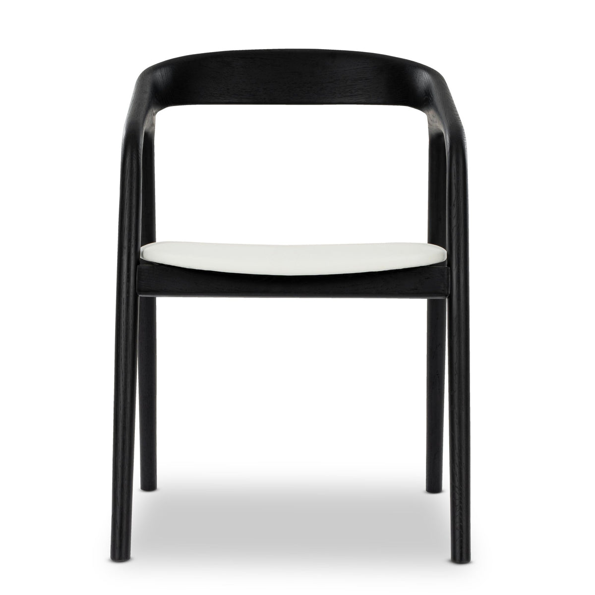 Celeste American White Oak Dining Chair - black finish, seamless curved backrest and armrests, white leather seat, 3/4 view
