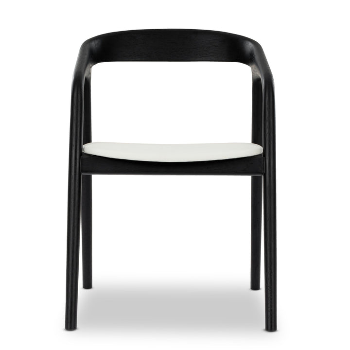 Celeste American White Oak Dining Chair - black finish, seamless curved backrest and armrests, white leather seat, 3/4 view