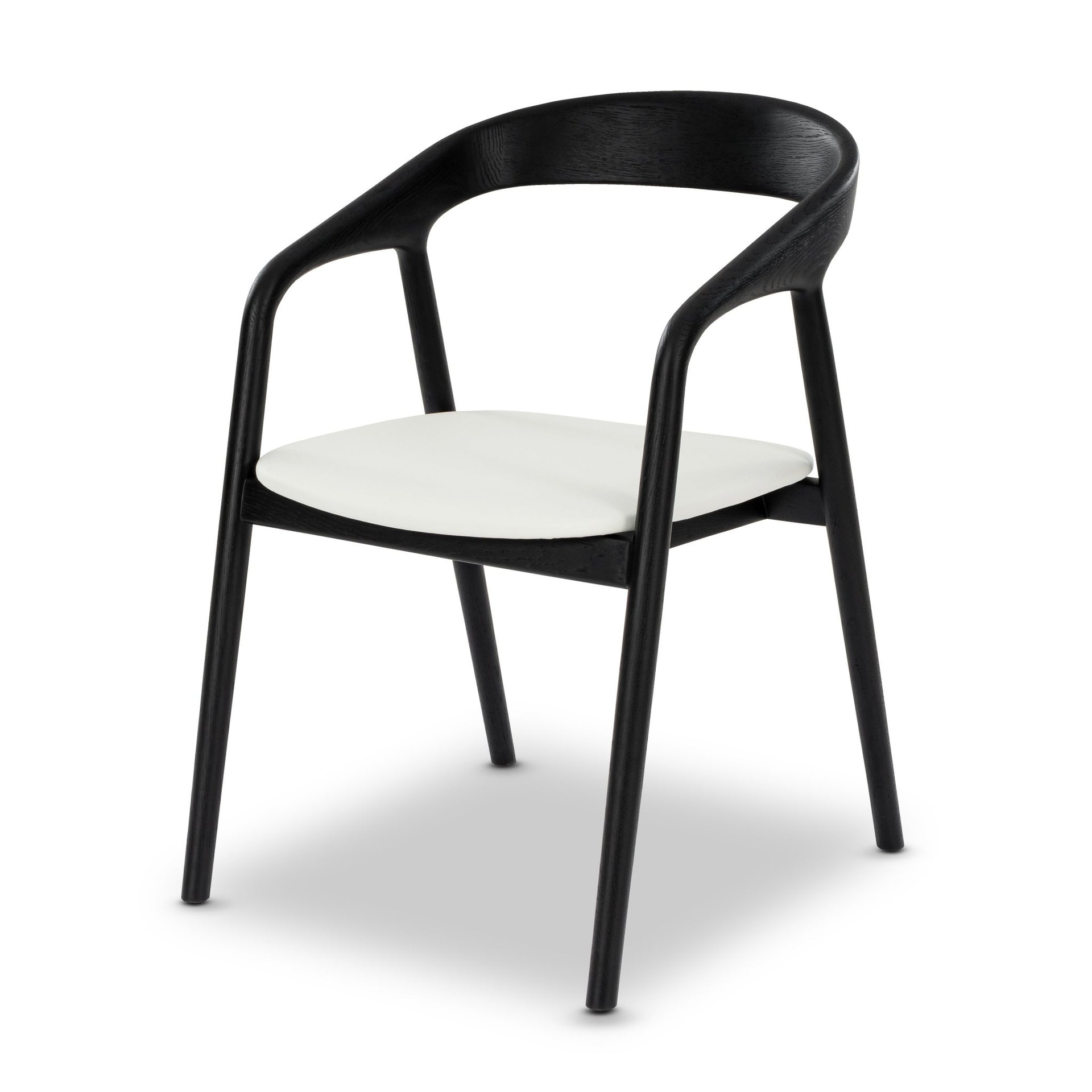 Celeste White Oak Dining Chair in Black Finish - curved solid oak frame and white leather seat cushion, angled view