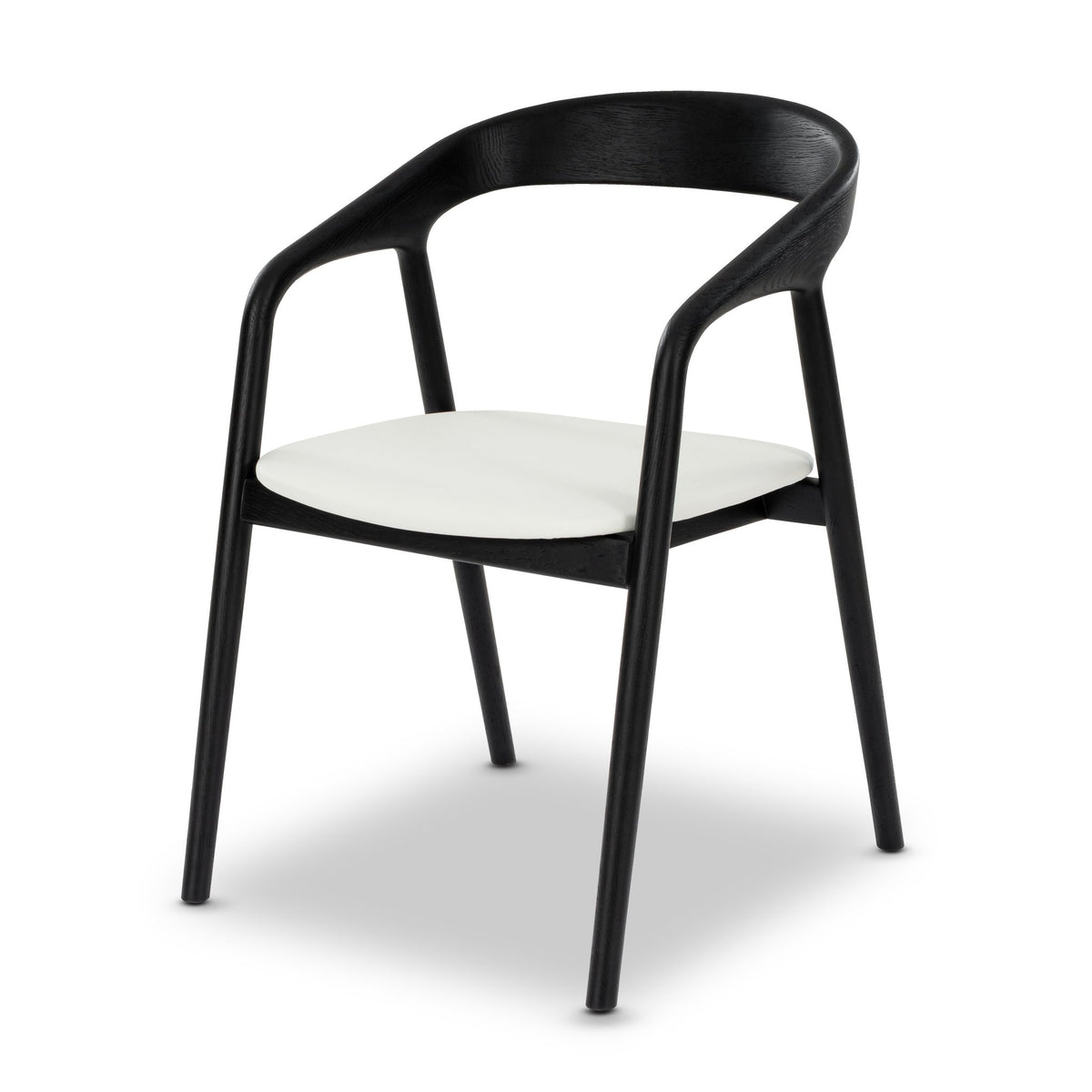 Celeste White Oak Dining Chair in Black Finish - curved solid oak frame and white leather seat cushion, angled view