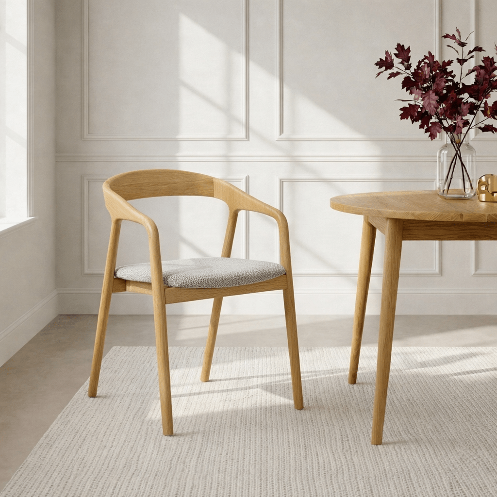 Celeste – Elegant Oak Dining Chair, Noel Fabric with a flowing solid oak frame and light grey fabric seat in natural light, gallery position 1.
