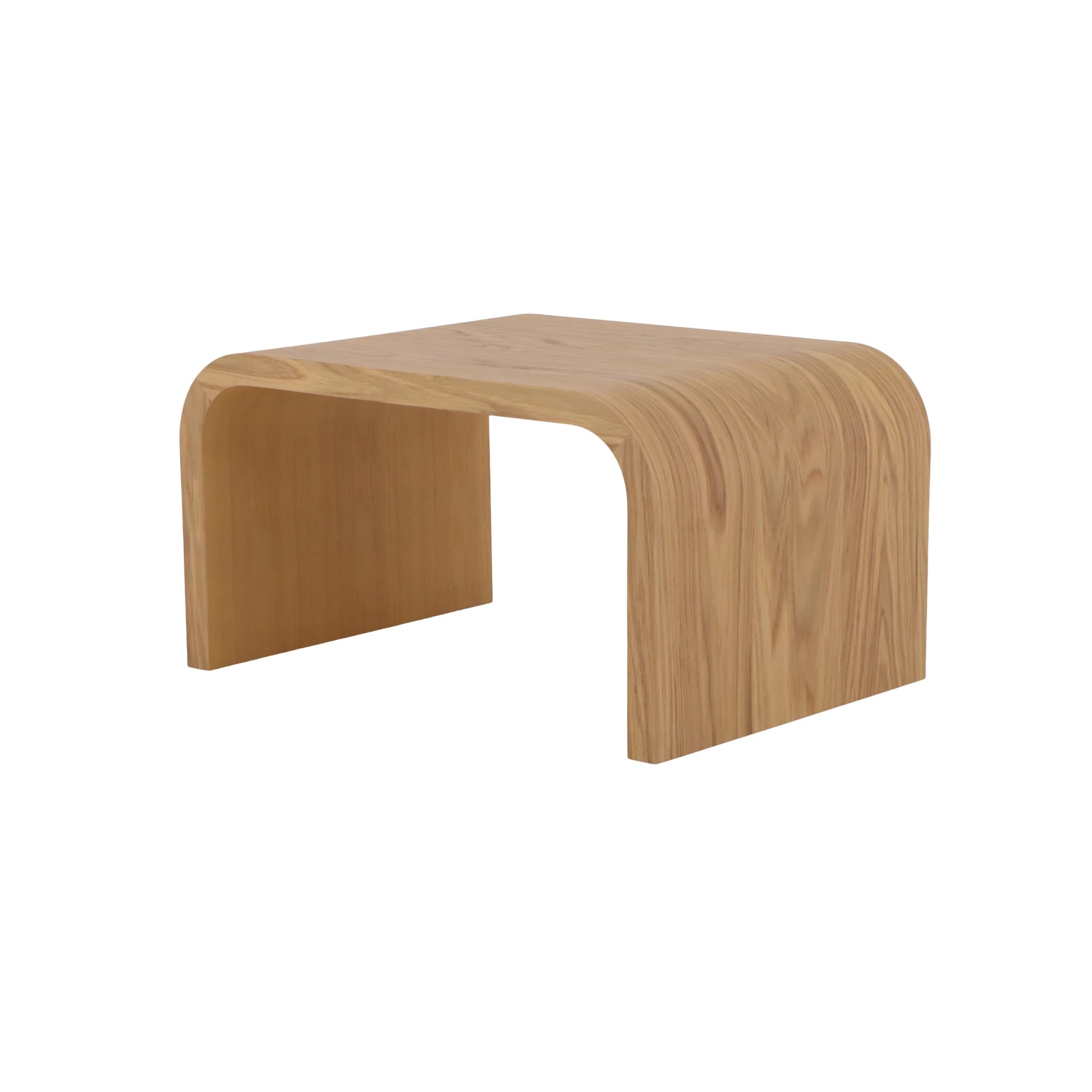 Celeste Oak Coffee Table with Poufs – Beige Fabric curved solid oak table in natural finish, isolated on white, gallery position 1.