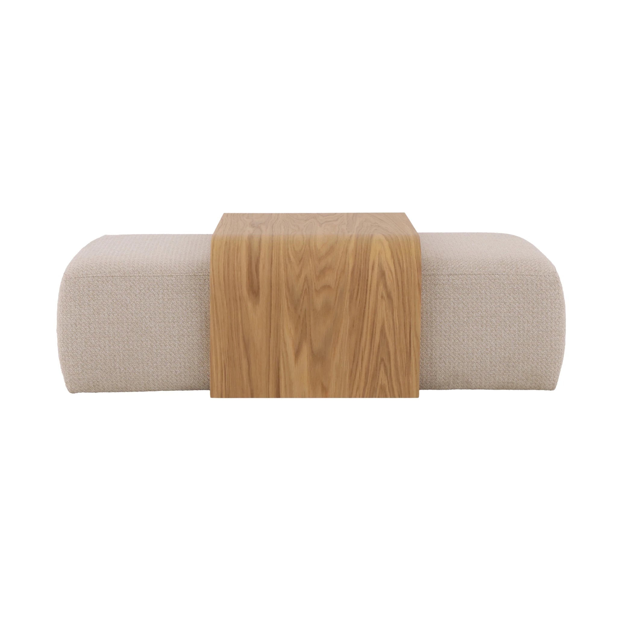 Celeste Oak Coffee Table with Poufs – Beige Fabric front view of solid oak tabletop resting on curved beige fabric poufs, gallery position 1 Pehme-Diivanilaud-Celeste-beez-kangas-5.webp