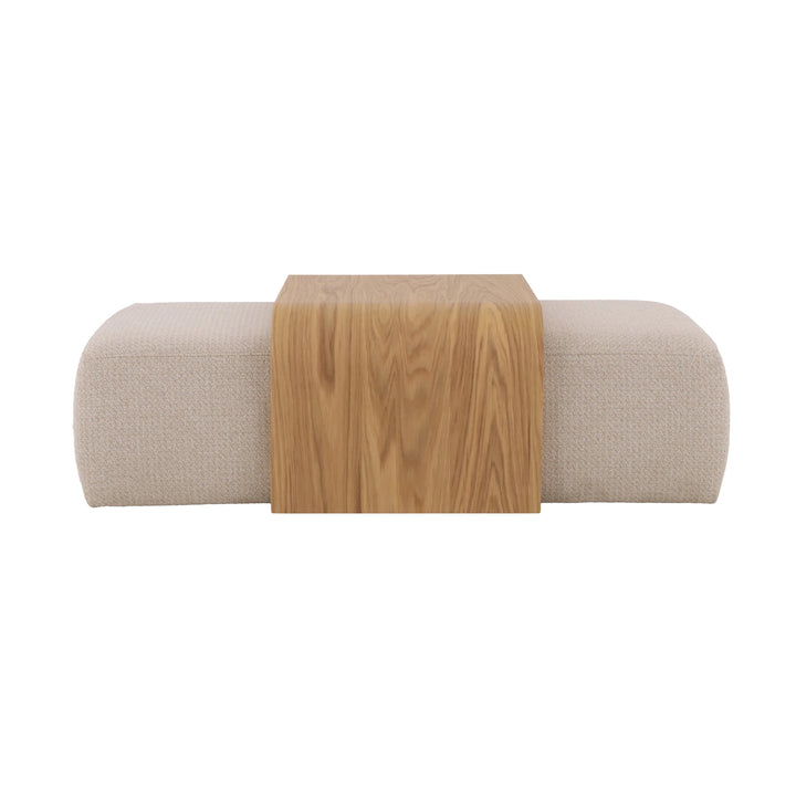 Celeste Oak Coffee Table with Poufs – Beige Fabric front view of solid oak tabletop resting on curved beige fabric poufs, gallery position 1 Pehme-Diivanilaud-Celeste-beez-kangas-5.webp