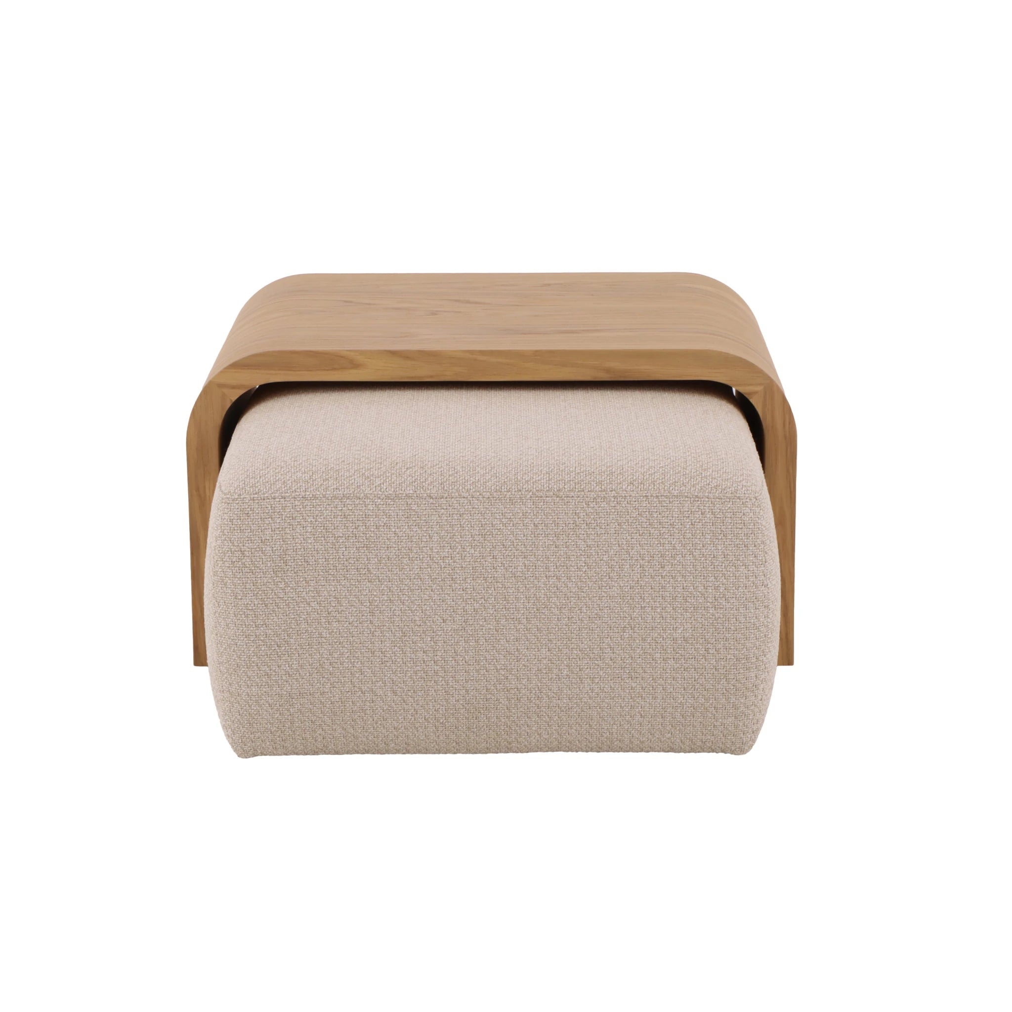 Celeste Oak Coffee Table with Poufs – Beige Fabric front view of solid oak table top resting on tucked beige textured pouf.