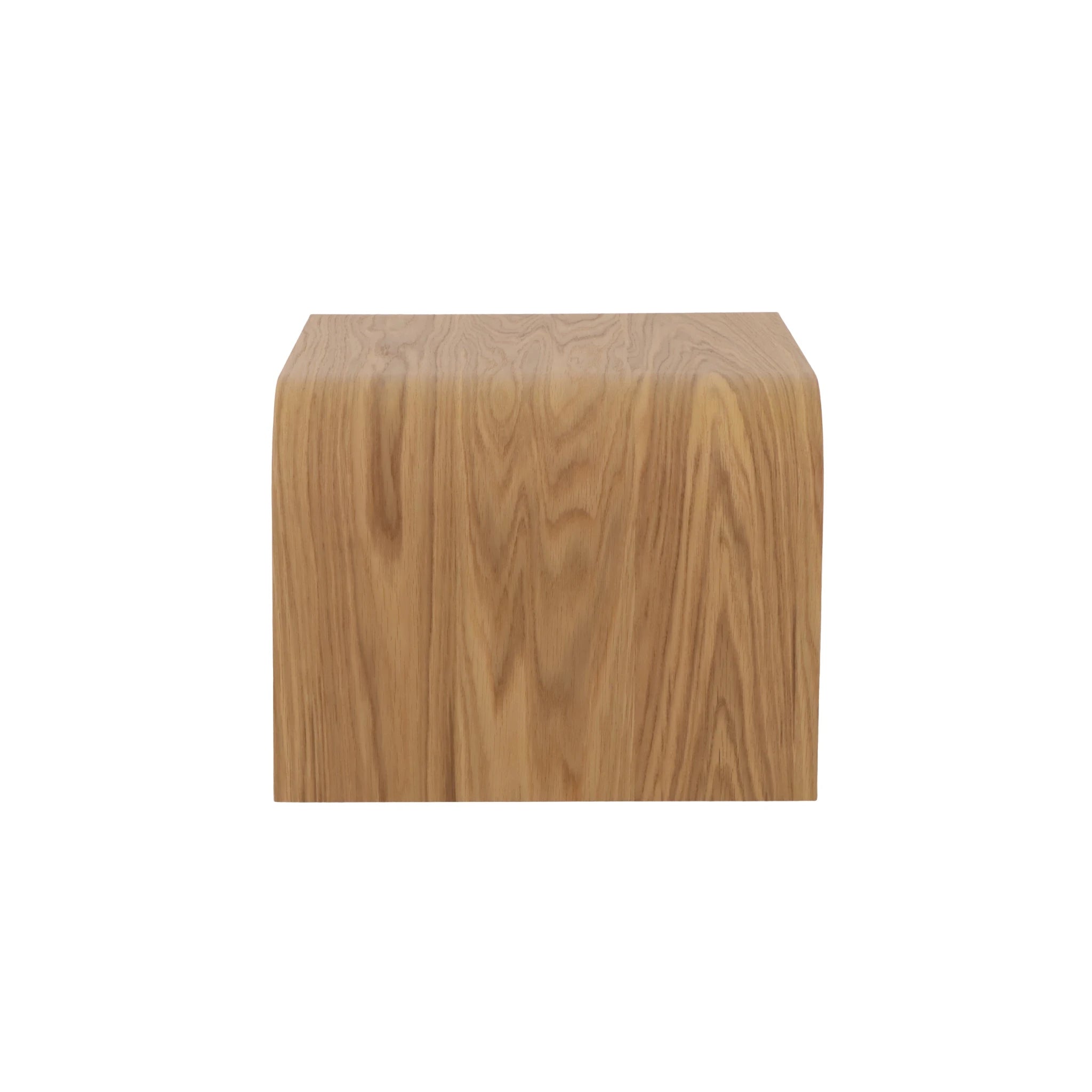 Celeste Oak Coffee Table with Poufs – Beige Fabric close-up of curved natural oak wood tabletop with Scandinavian solid oak grain, gallery position 1