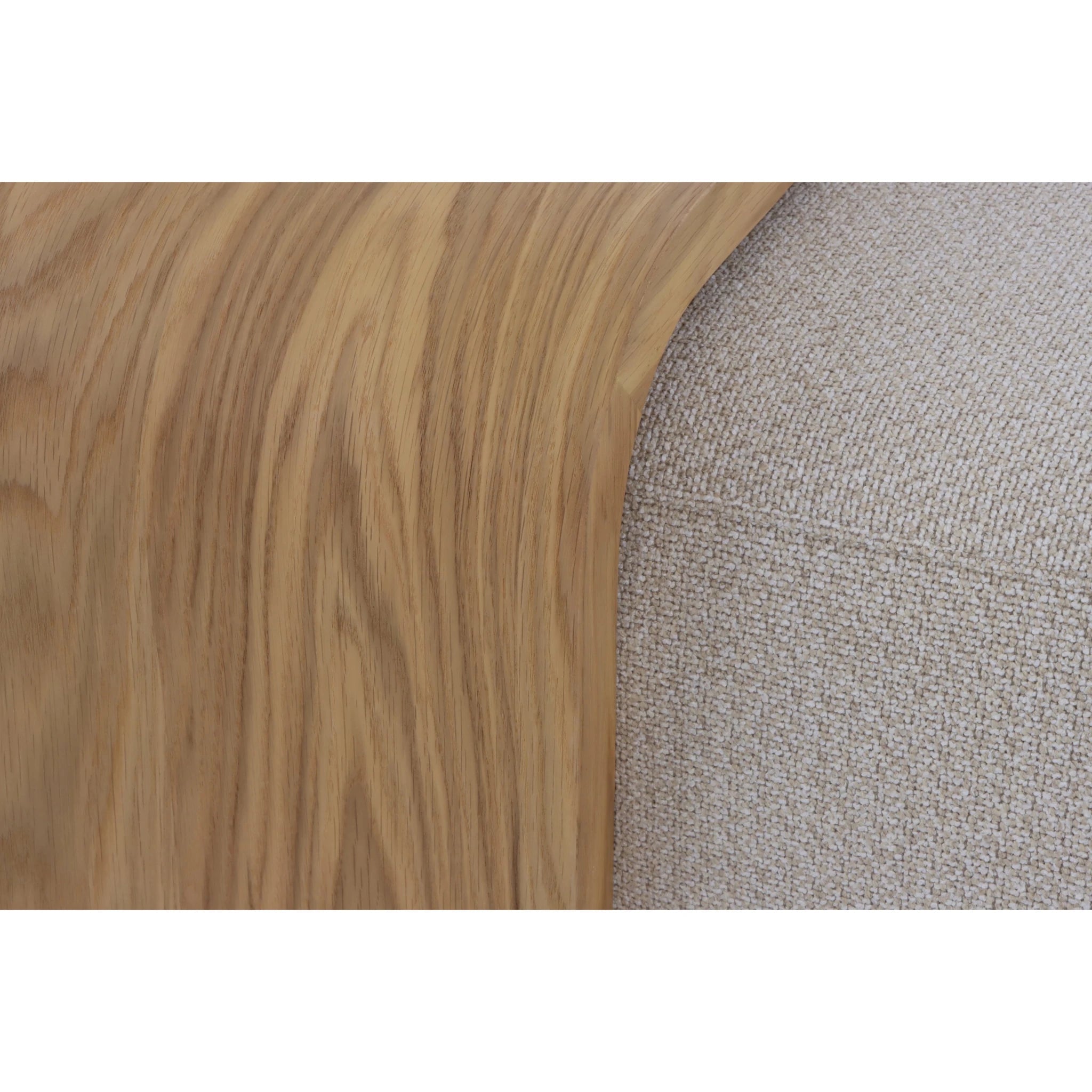 Celeste Oak Coffee Table with Poufs – Beige Fabric close-up of natural oak wood tabletop edge meeting textured beige fabric pouf, gallery position 1.