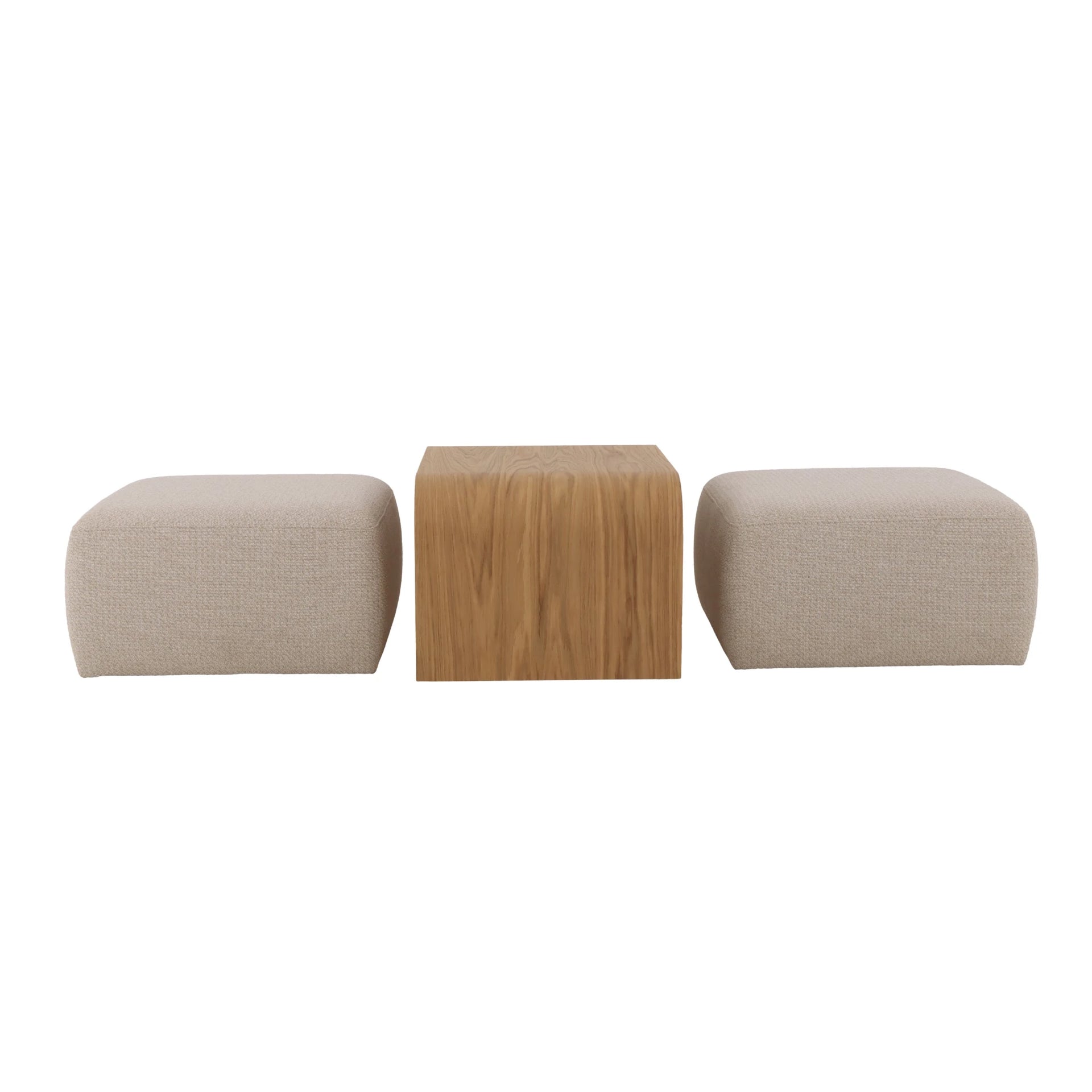 Solid oak coffee table with textured beige poufs and matte finish