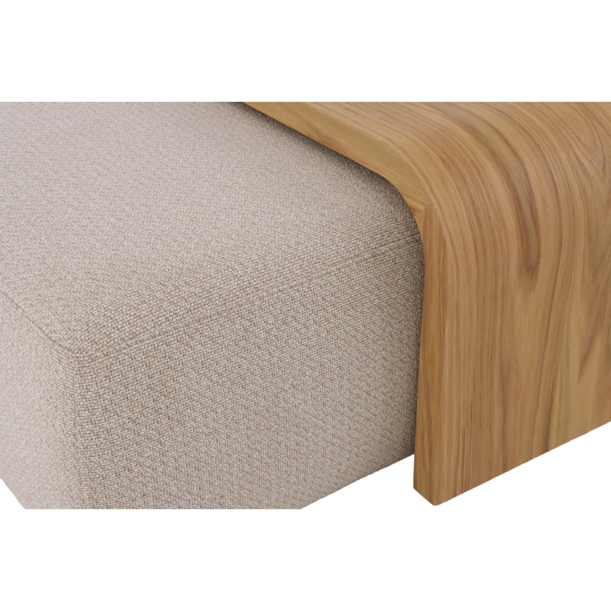 Celeste Oak Coffee Table with Poufs – Beige Fabric close-up of solid oak wood tabletop edge resting on tucked beige textured pouf, gallery position 1.