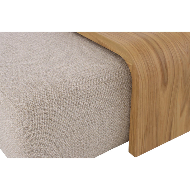 Celeste Oak Coffee Table with Poufs – Beige Fabric close-up of solid oak wood tabletop edge resting on tucked beige textured pouf, gallery position 1.