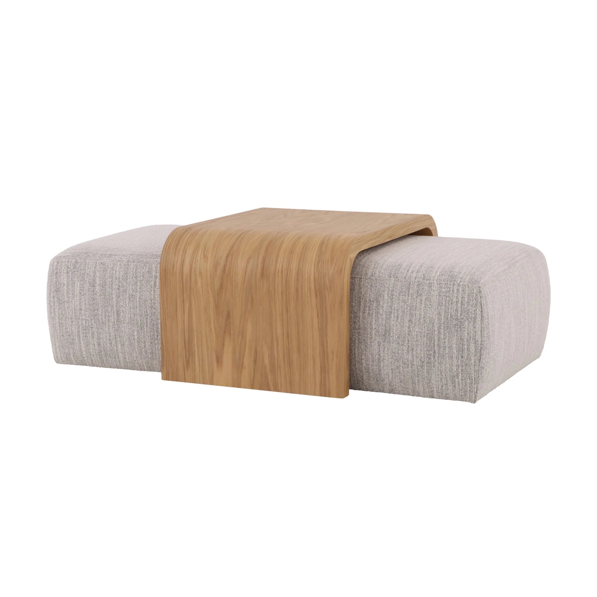 Celeste oak coffee table with grey fabric poufs stored underneath
