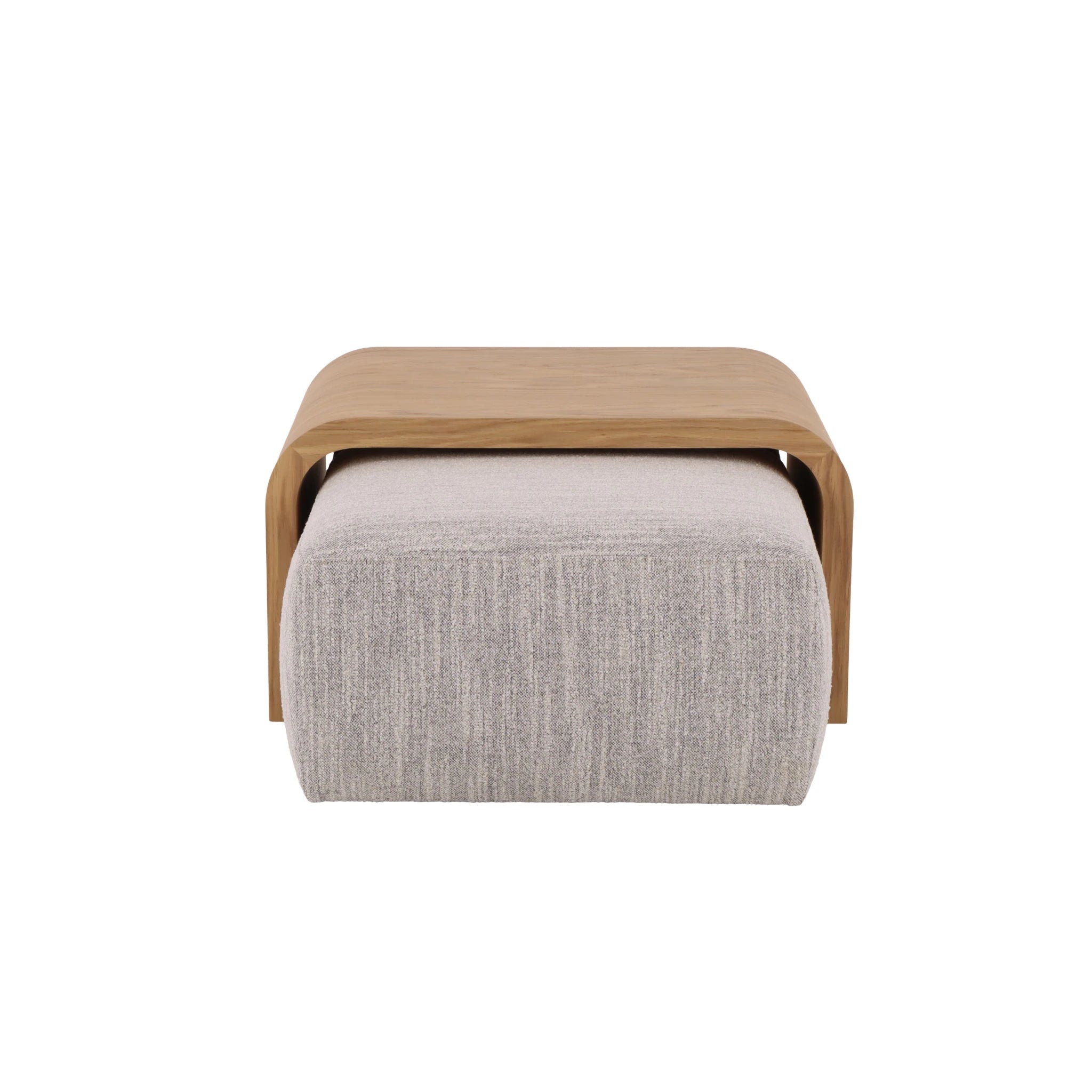 Celeste Oak Coffee Table with Poufs – Grey Fabric front view of minimalist solid oak curved table top resting on grey textured fabric pouf, gallery position 1