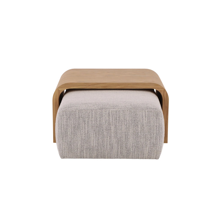 Celeste Oak Coffee Table with Poufs – Grey Fabric front view of minimalist solid oak curved table top resting on grey textured fabric pouf, gallery position 1