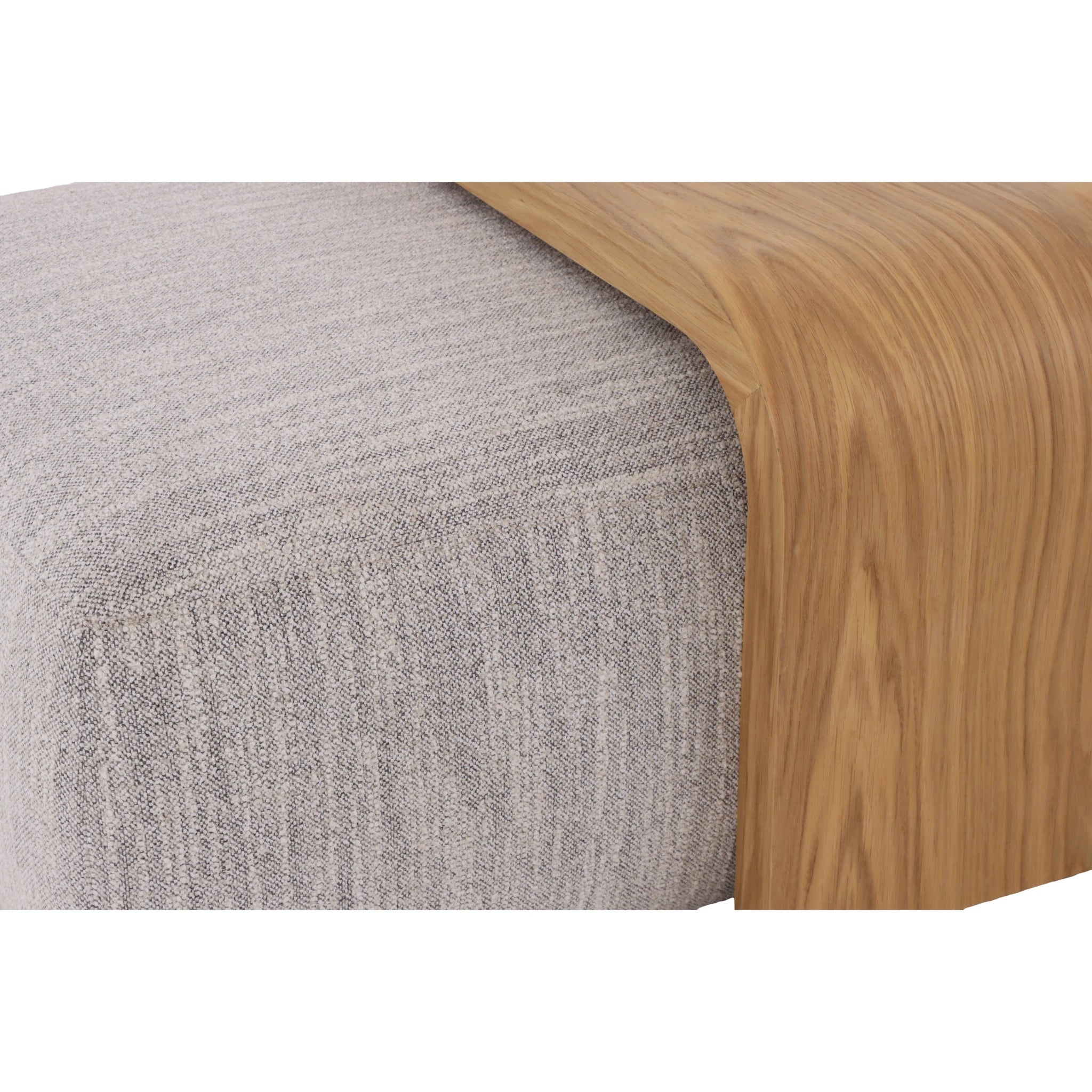 Celeste Oak Coffee Table with Poufs – Grey Fabric close-up of smooth solid oak table edge resting on textured grey fabric pouf, gallery position 1.