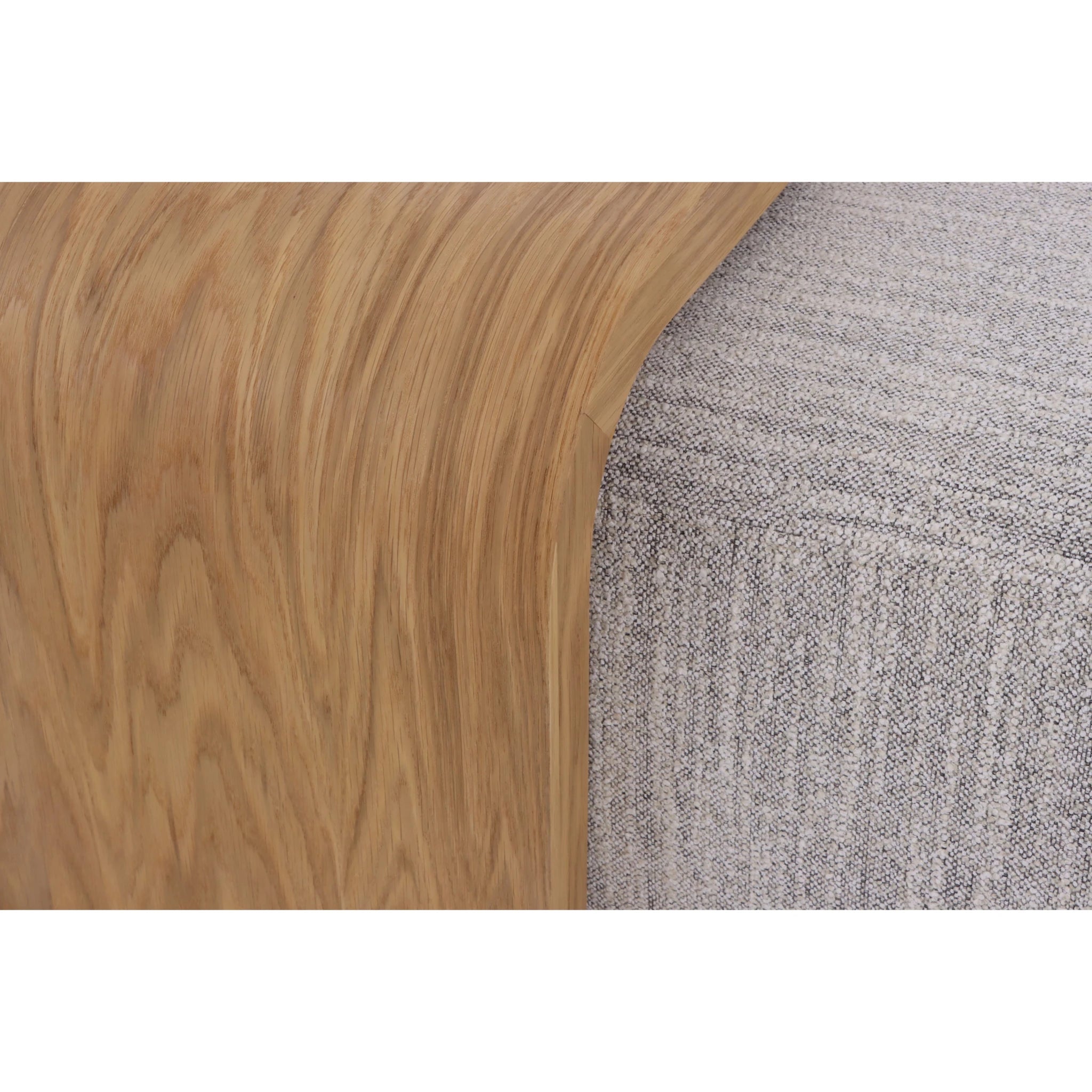 Celeste Oak Coffee Table with Poufs – Grey Fabric close-up of solid oak tabletop edge meeting textured grey fabric pouf, gallery position 1.