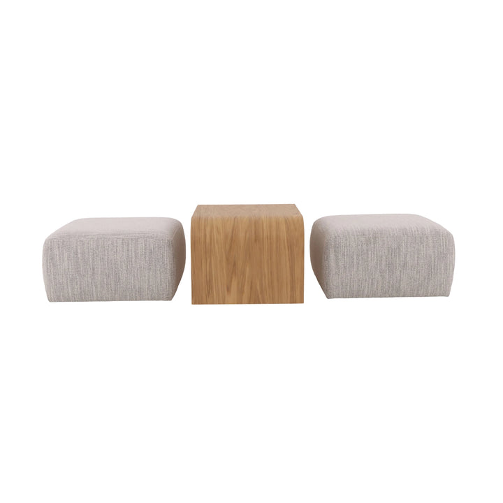 Solid oak coffee table with matte finish and two grey upholstered poufs