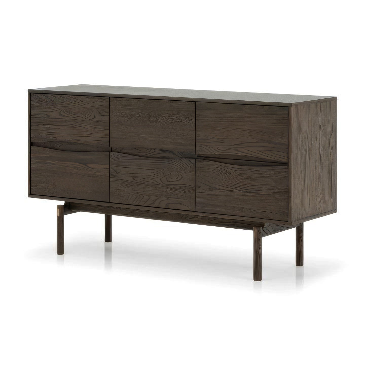 Celeste Oak Sideboard in Espresso Matte Lacquer with six drawers, solid oak grain, raised on slim legs in minimalist Scandinavian solid wood design.