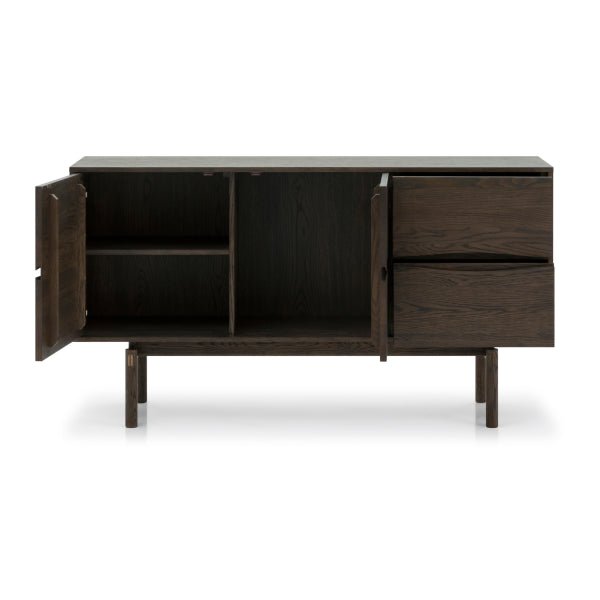 Celeste Oak Sideboard in Espresso Matte Lacquer with open cabinet doors and drawers, showcasing solid oak grain in minimalist Scandinavian design, file Celeste-kummut-150-Espresso-3.webp gallery 1