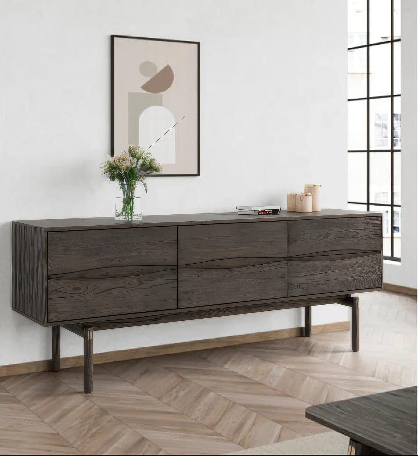Celeste Oak Sideboard in Espresso Matte Lacquer with six drawers, solid oak grain, raised on slender legs in minimalist Scandinavian style