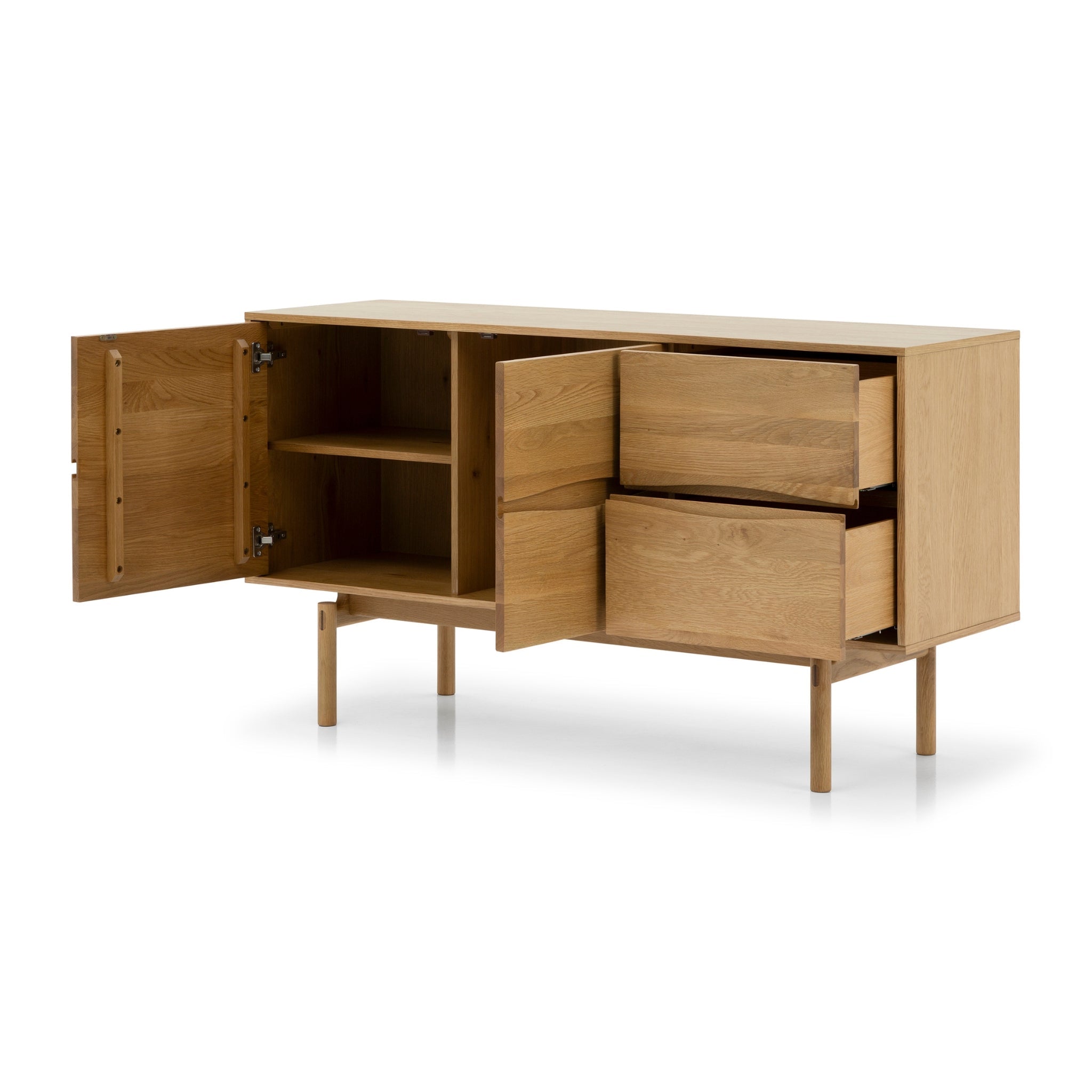 Celeste Oak Sideboard in Natural Matte Lacquer with open drawers and cabinet doors, showcasing solid oak and minimalist Scandinavian design, gallery 1.