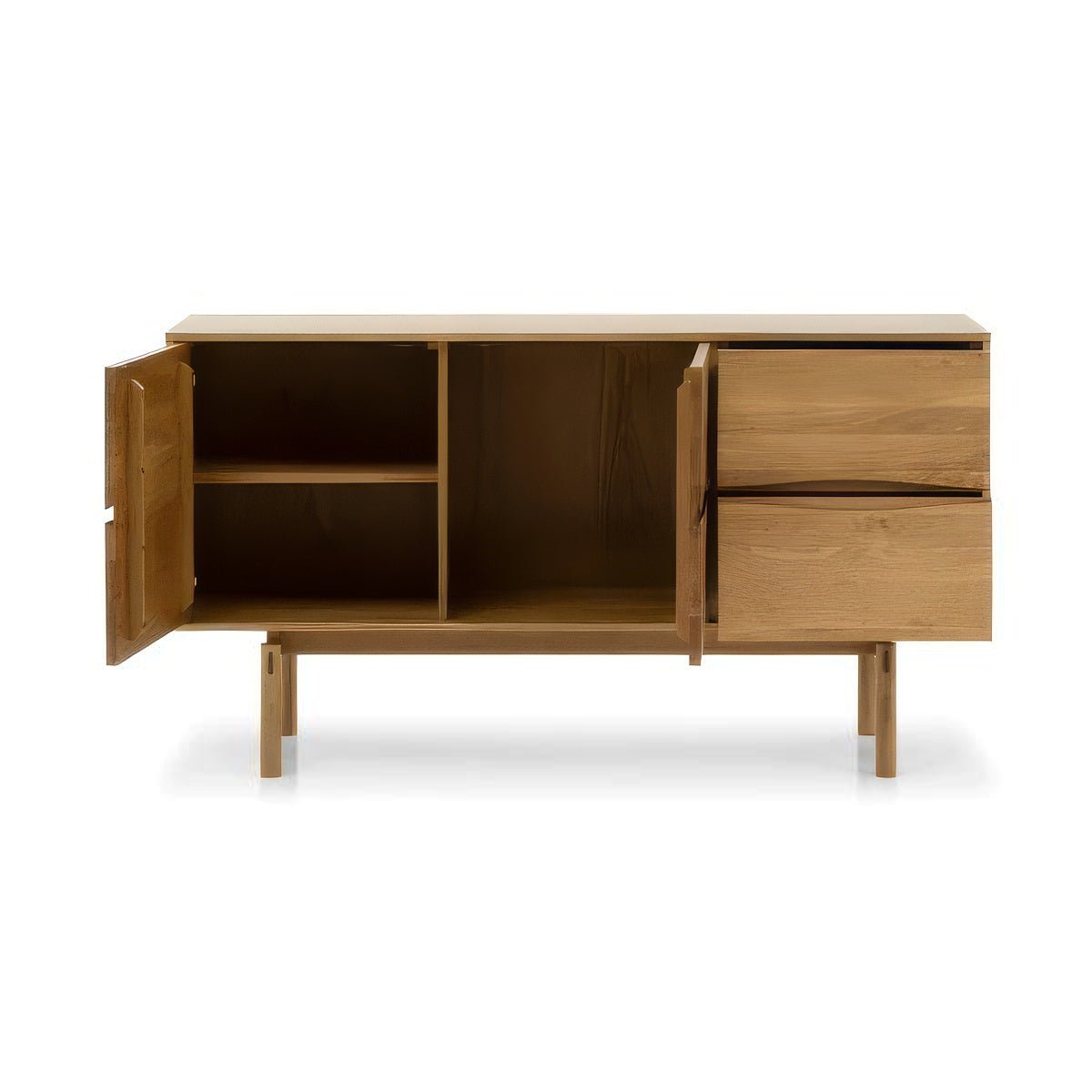 Celeste Oak Sideboard in Natural Matte Lacquer with open cabinet doors and drawers, displaying solid oak and minimalist Scandinavian design, gallery 1.