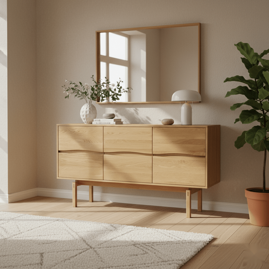 Celeste solid oak sideboard with soft-close drawers and high-profile wooden legs