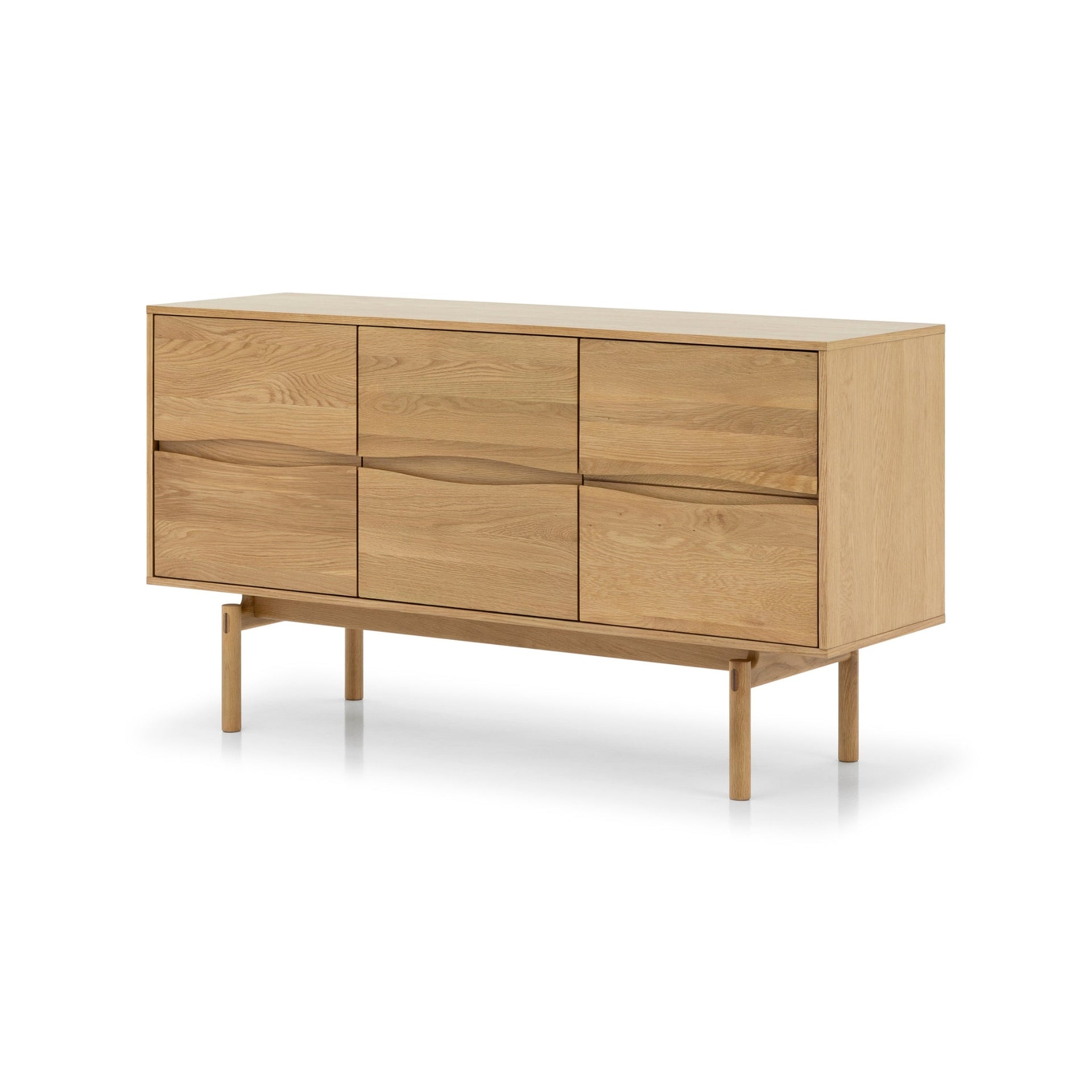 Modern oak dresser with cabinet doors, natural grain panels, and elegant curved base