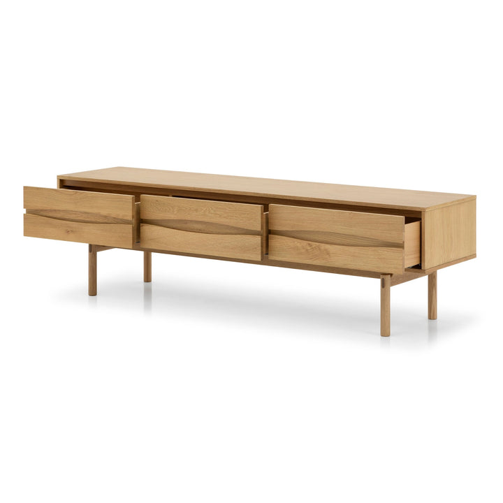 Celeste Solid Oak Media Console – Handcrafted TV Cabinet in natural oak with three open drawers and minimalist Scandinavian solid wood design, gallery 1.