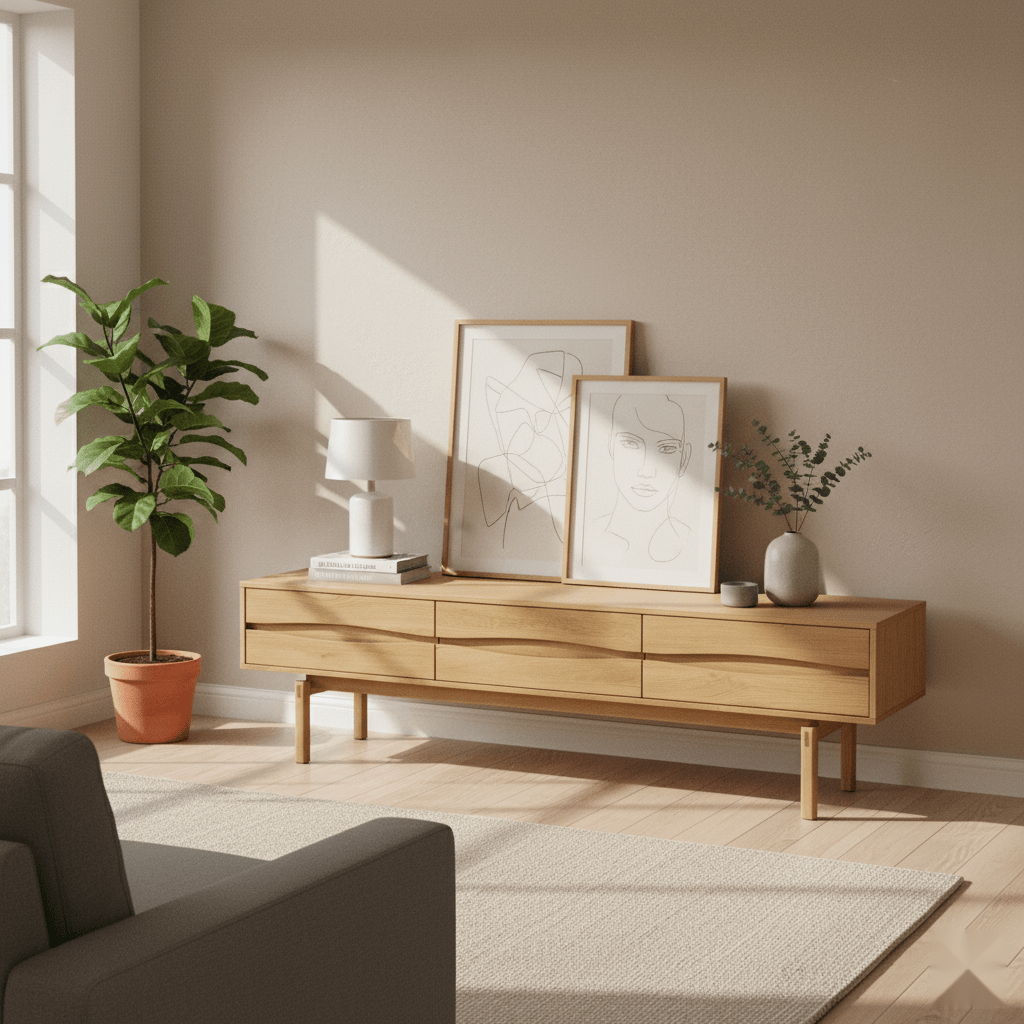 Celeste Solid Oak Media Console – Handcrafted TV Cabinet with minimalist design, natural oak finish, and slim elevated legs, gallery position 1.
