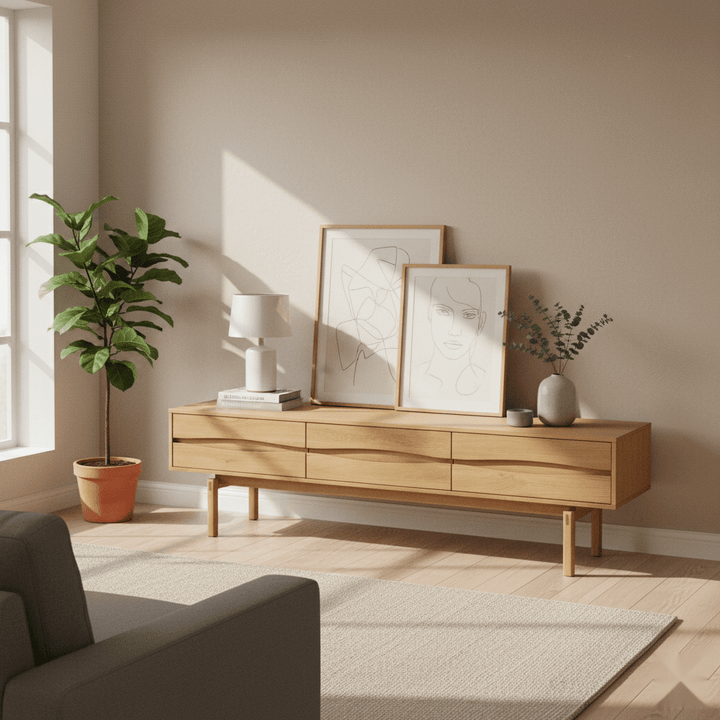Celeste Solid Oak Media Console – Handcrafted TV Cabinet with minimalist design, natural oak finish, and slim elevated legs, gallery position 1.