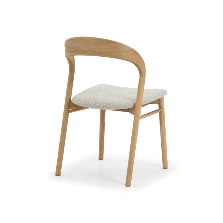 Celine American White Oak Chair - curved solid oak backrest and cushioned cobble fabric seat, front detail view