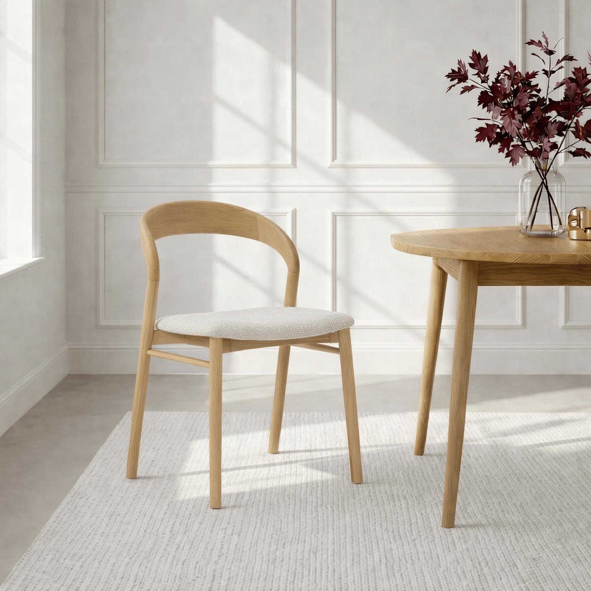 Celine American White Oak Dining Chair -curved oak backrest, cobble bouclé upholstered seat, matte lacquer finish, front view