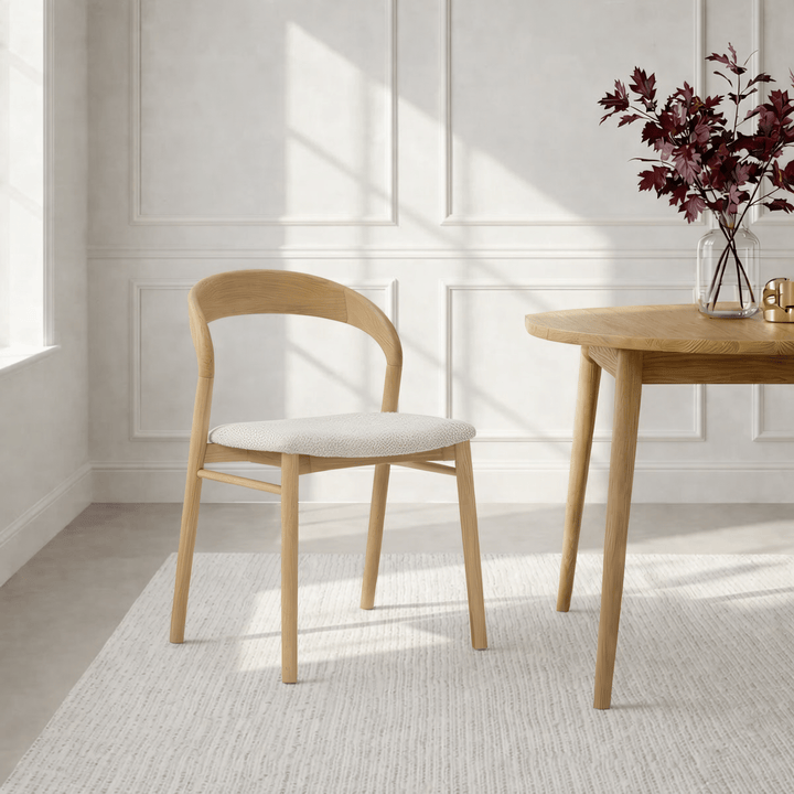 Celine American White Oak Dining Chair -curved oak backrest, cobble bouclé upholstered seat, matte lacquer finish, front view