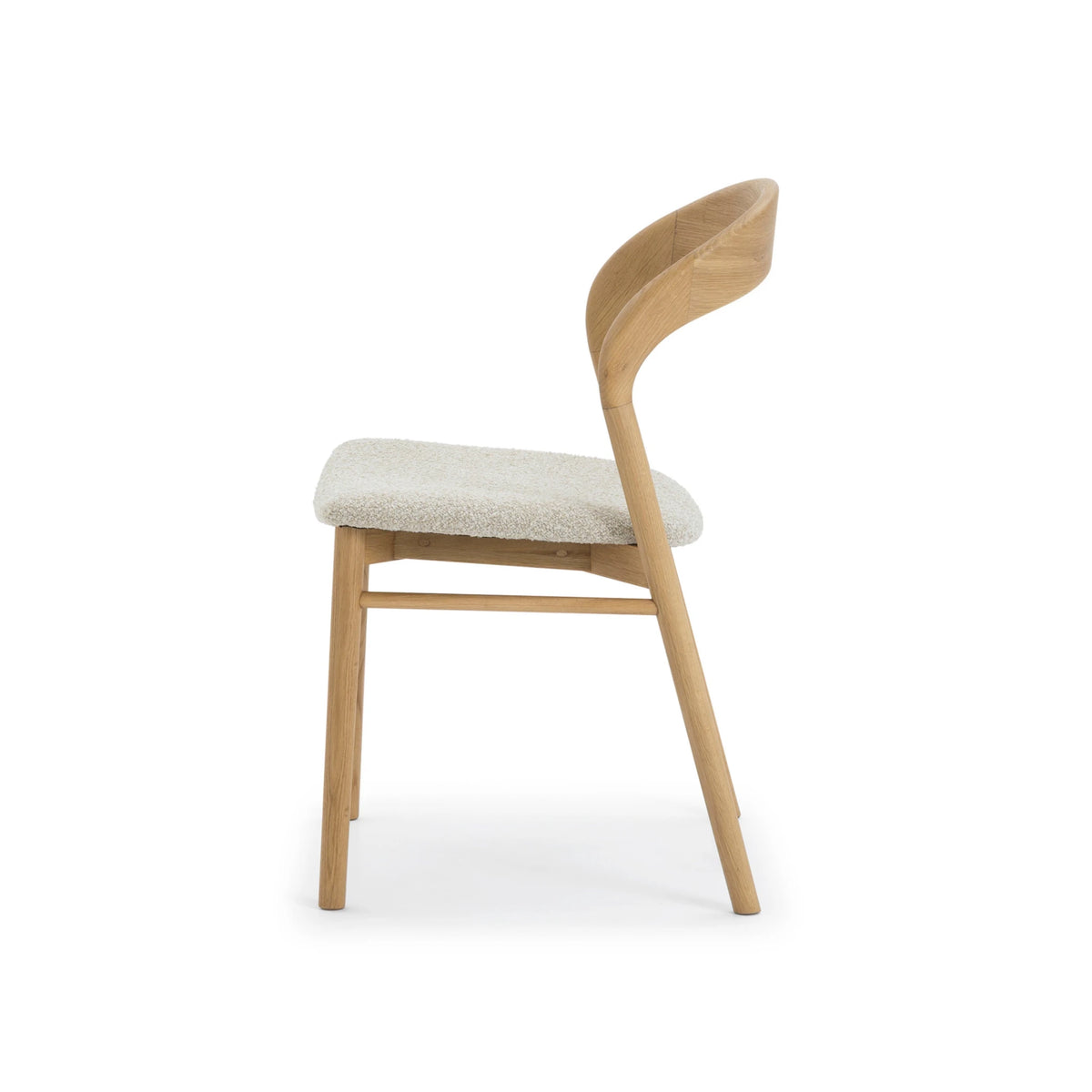 Celine American White Oak Chair - side view of curved oak backrest and textured cobble fabric seat, natural grain