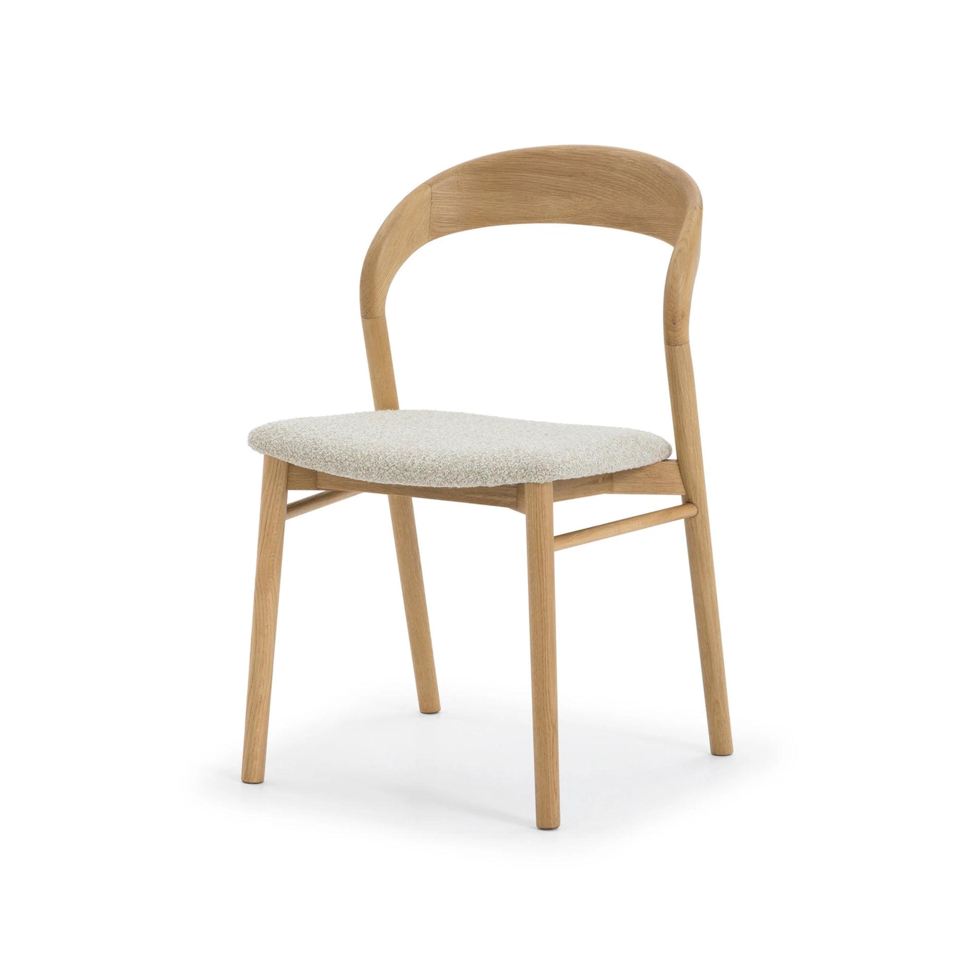 Celine American White Oak Chair - curved natural oak backrest and cobble fabric upholstered seat, angled view