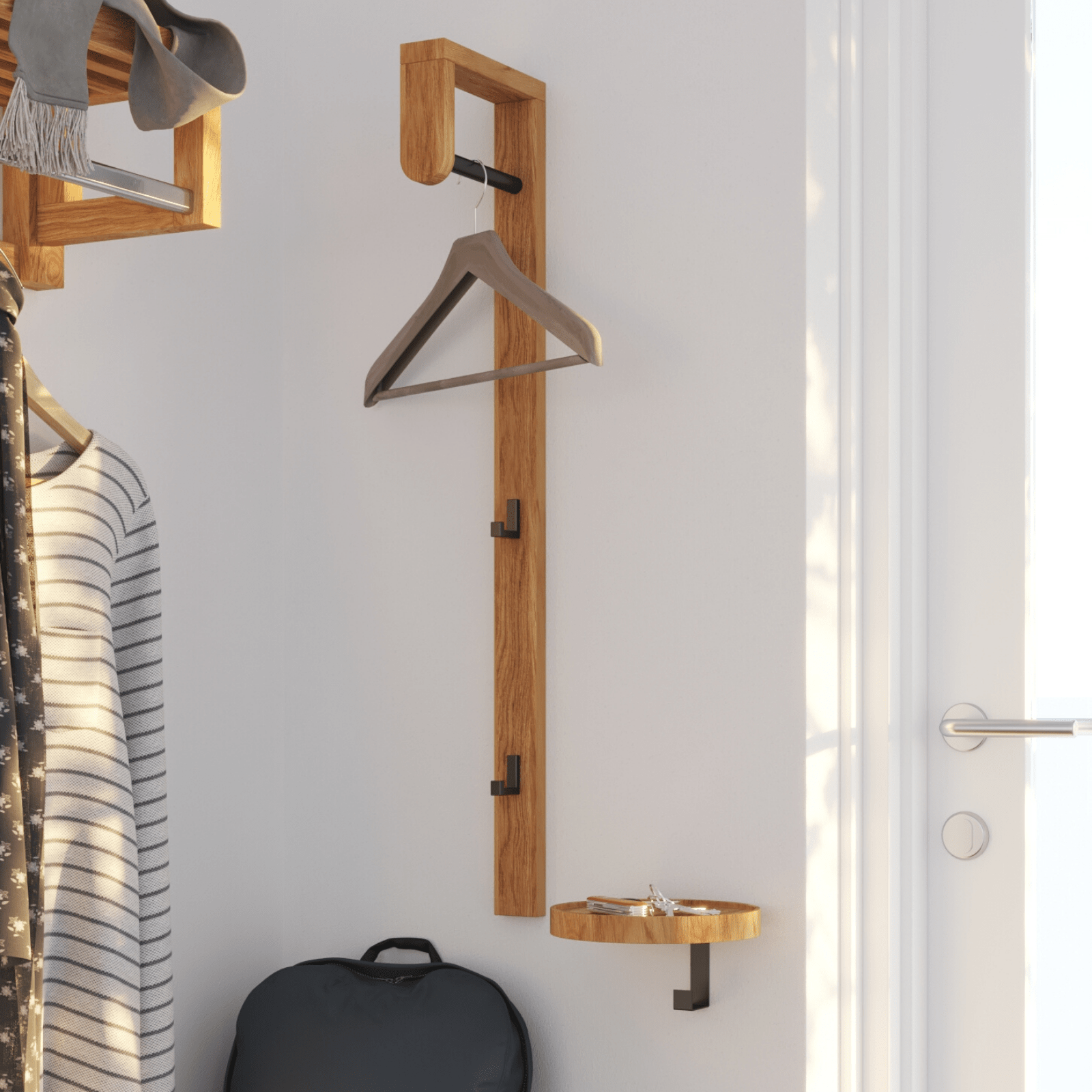 Woody tall natural oak coat rack with hanger rail and multiple metal hooks