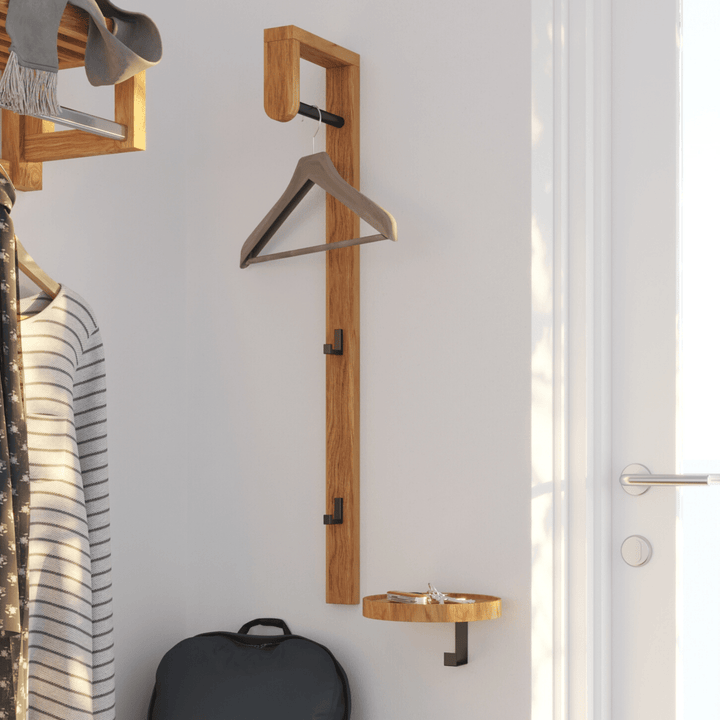 Woody tall natural oak coat rack with hanger rail and multiple metal hooks