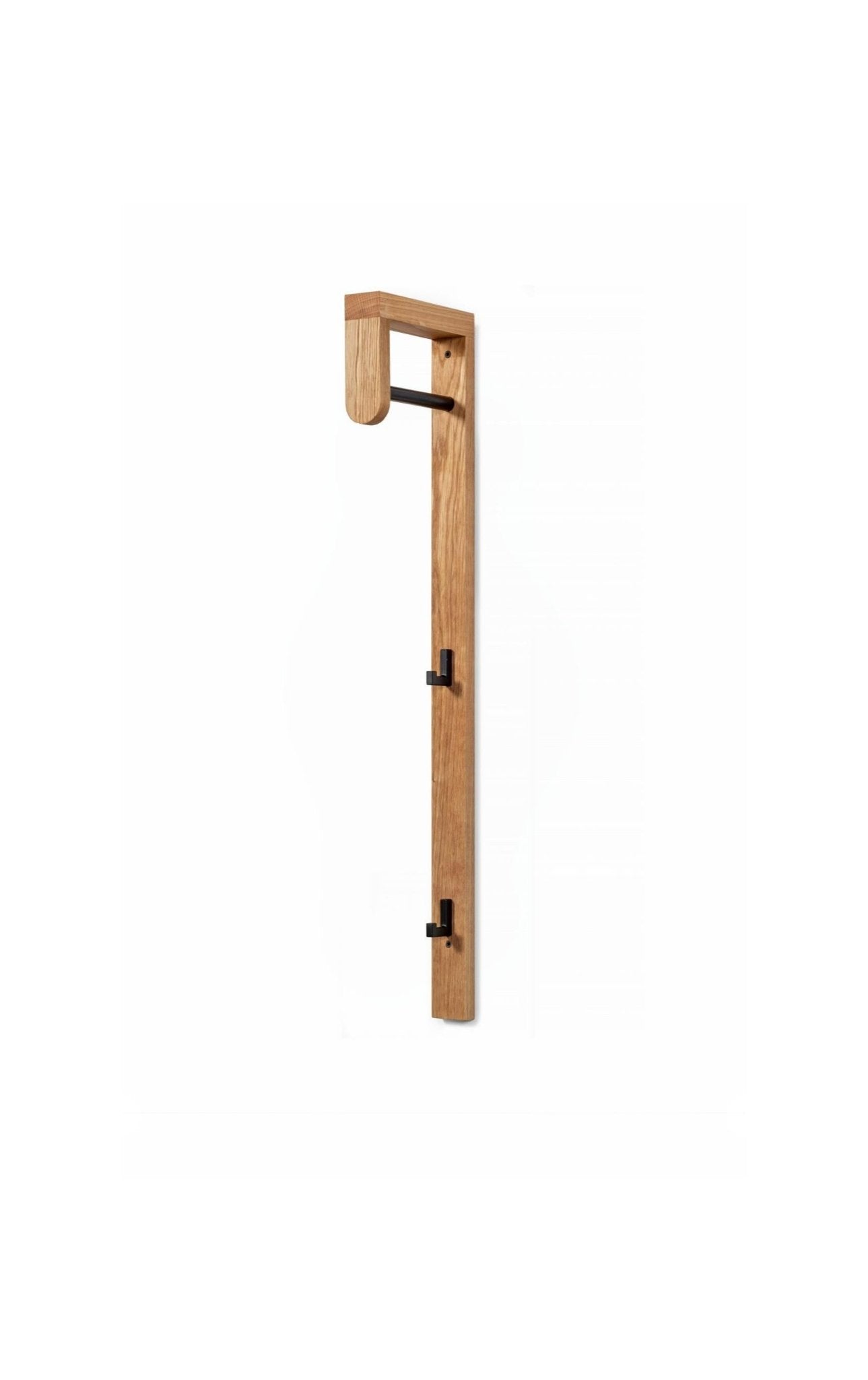 Coat Rack Woody - Natural Oak Finish with matte lacquer, vertical wall mount, black metal hooks, and minimalist solid oak Scandinavian design, gallery view 1