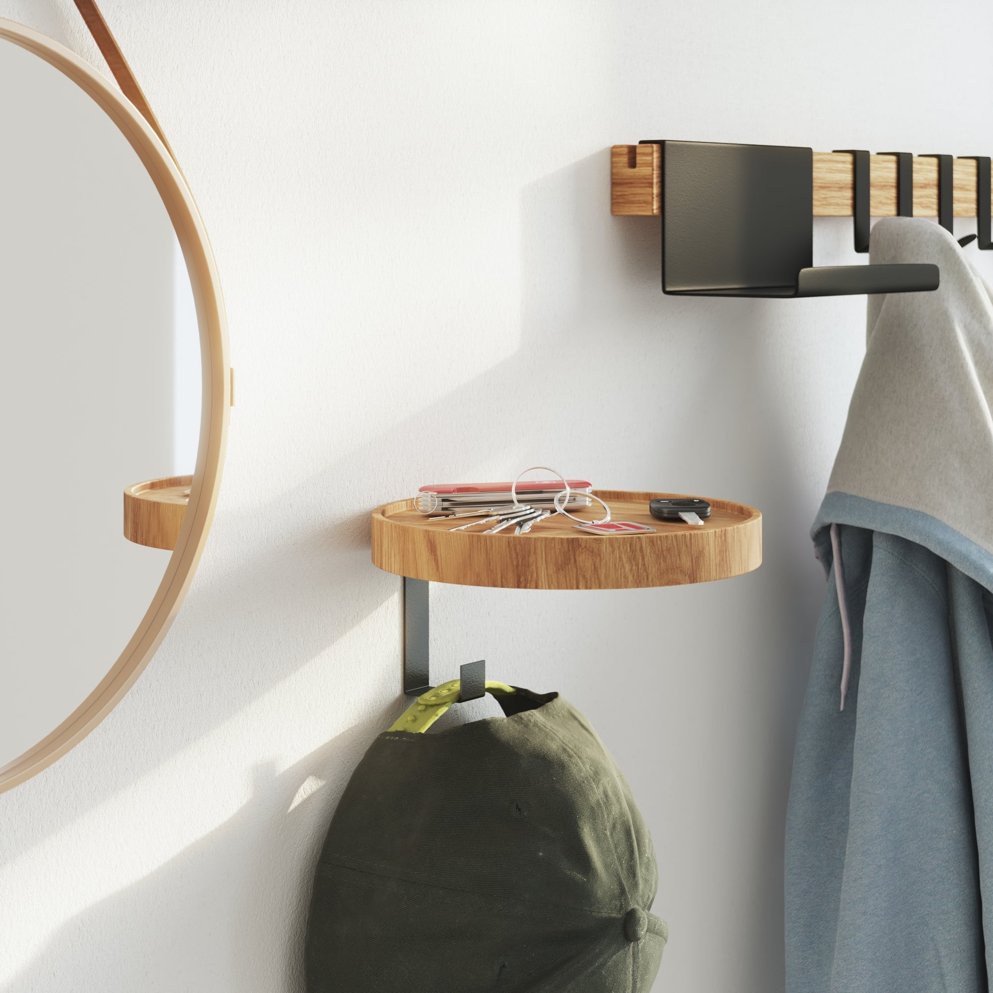 Woody natural oak wall-mounted coat rack with single black metal hook and round shelf