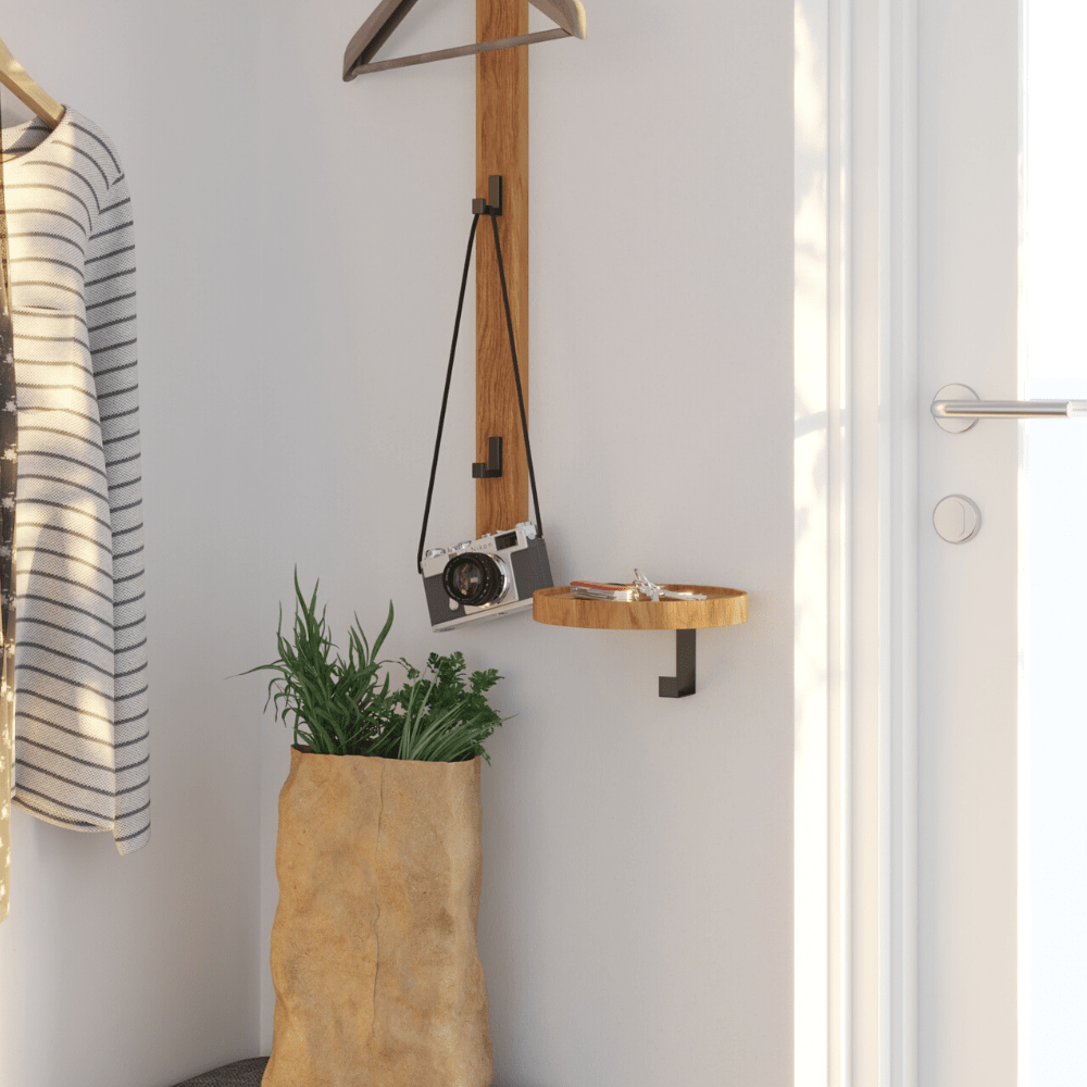 Wall-mounted solid oak coat rack with single hook and integrated shelf for keys or accessories