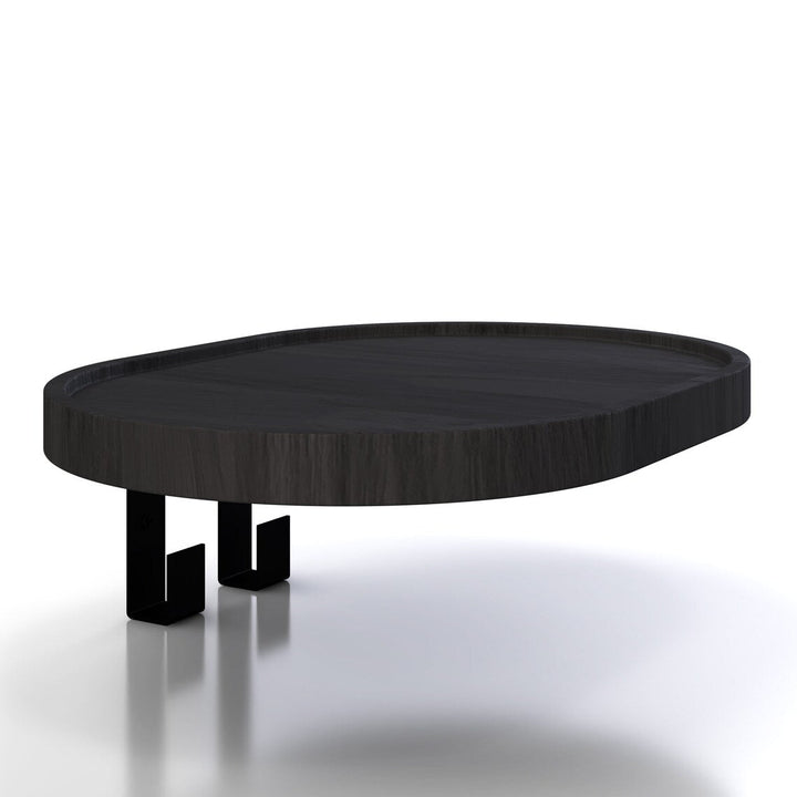 Dark oak coat rack with minimalist design, metal hooks, and circular storage tray