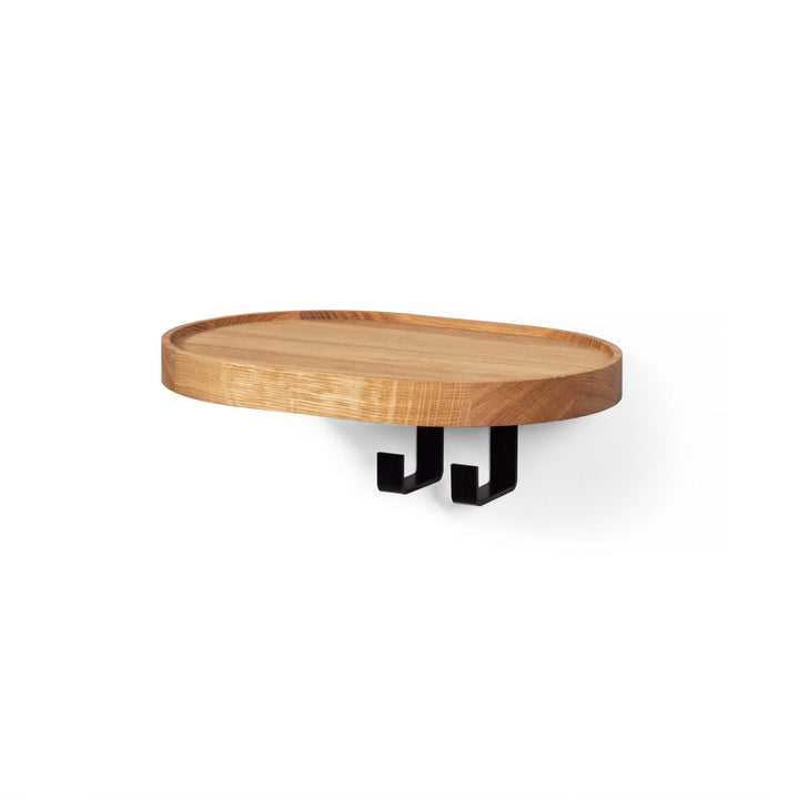 Coat Rack Woody With 2 Hooks - Natural Finish with minimalist solid oak shelf and matte black metal hooks in gallery position 1.