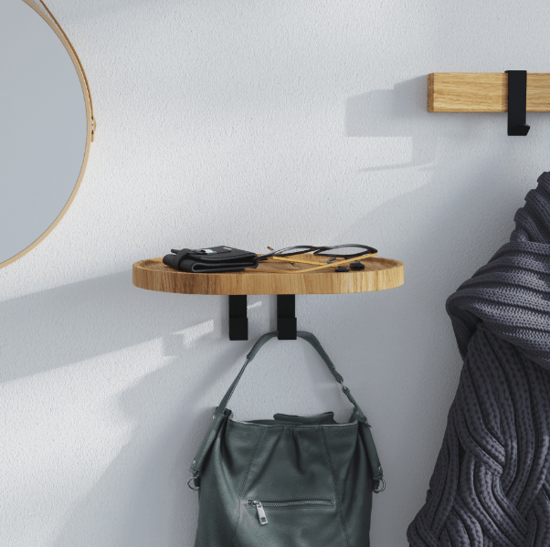 Minimalist oak coat rack with dual hooks and built-in round storage shelf for keys and accessories