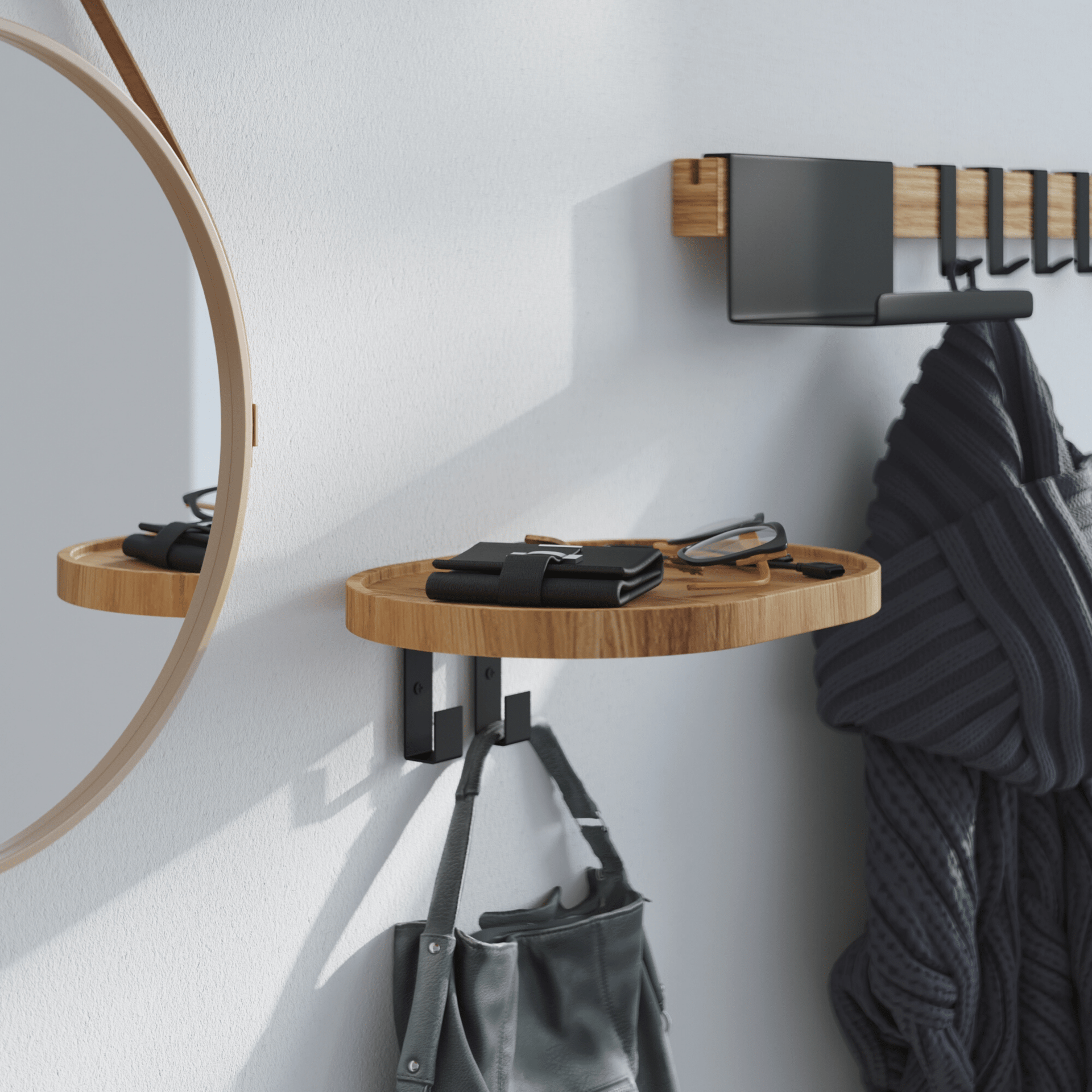Woody solid oak wall-mounted coat rack with two metal hooks and circular tray shelf