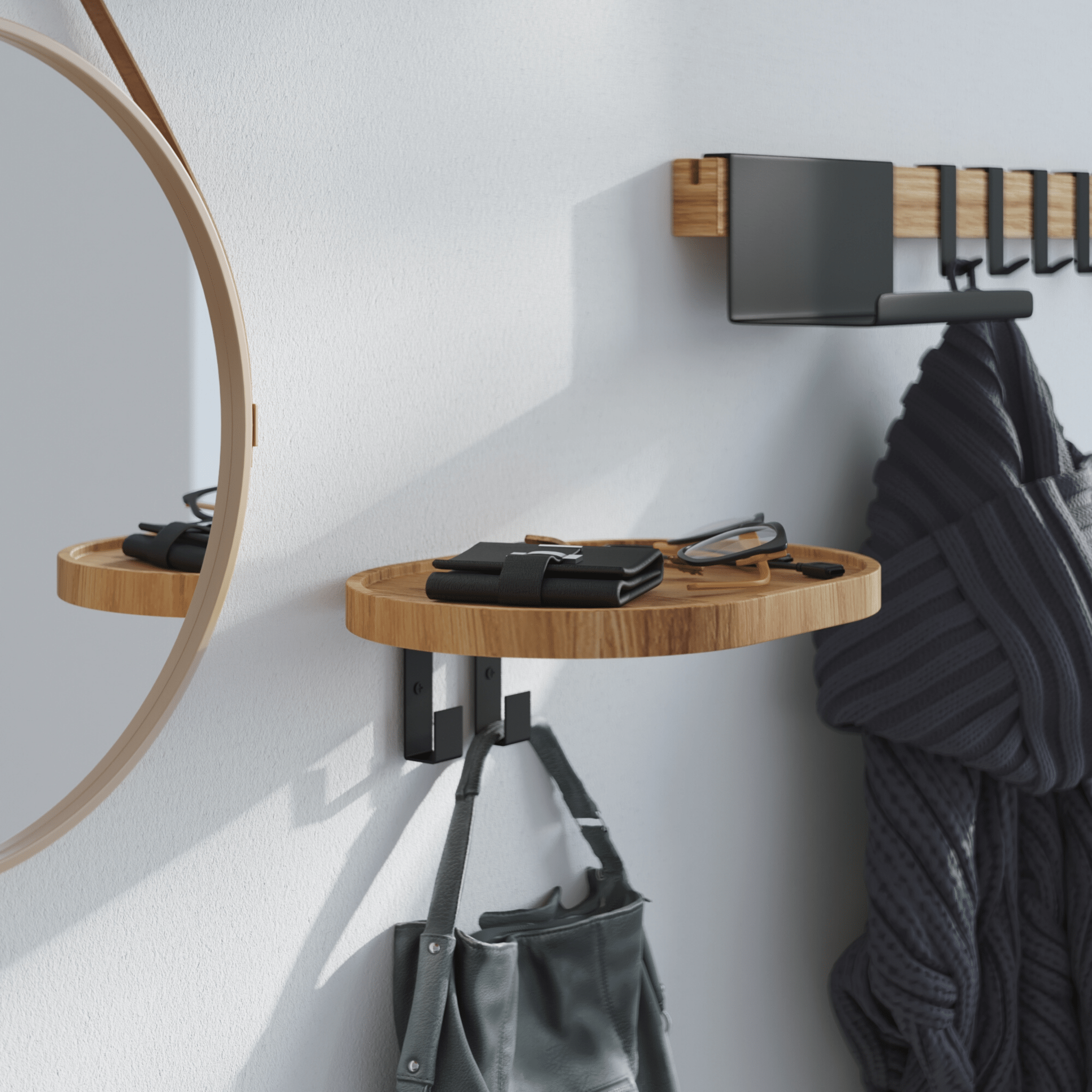 Woody solid oak wall-mounted coat rack with two metal hooks and circular tray shelf
