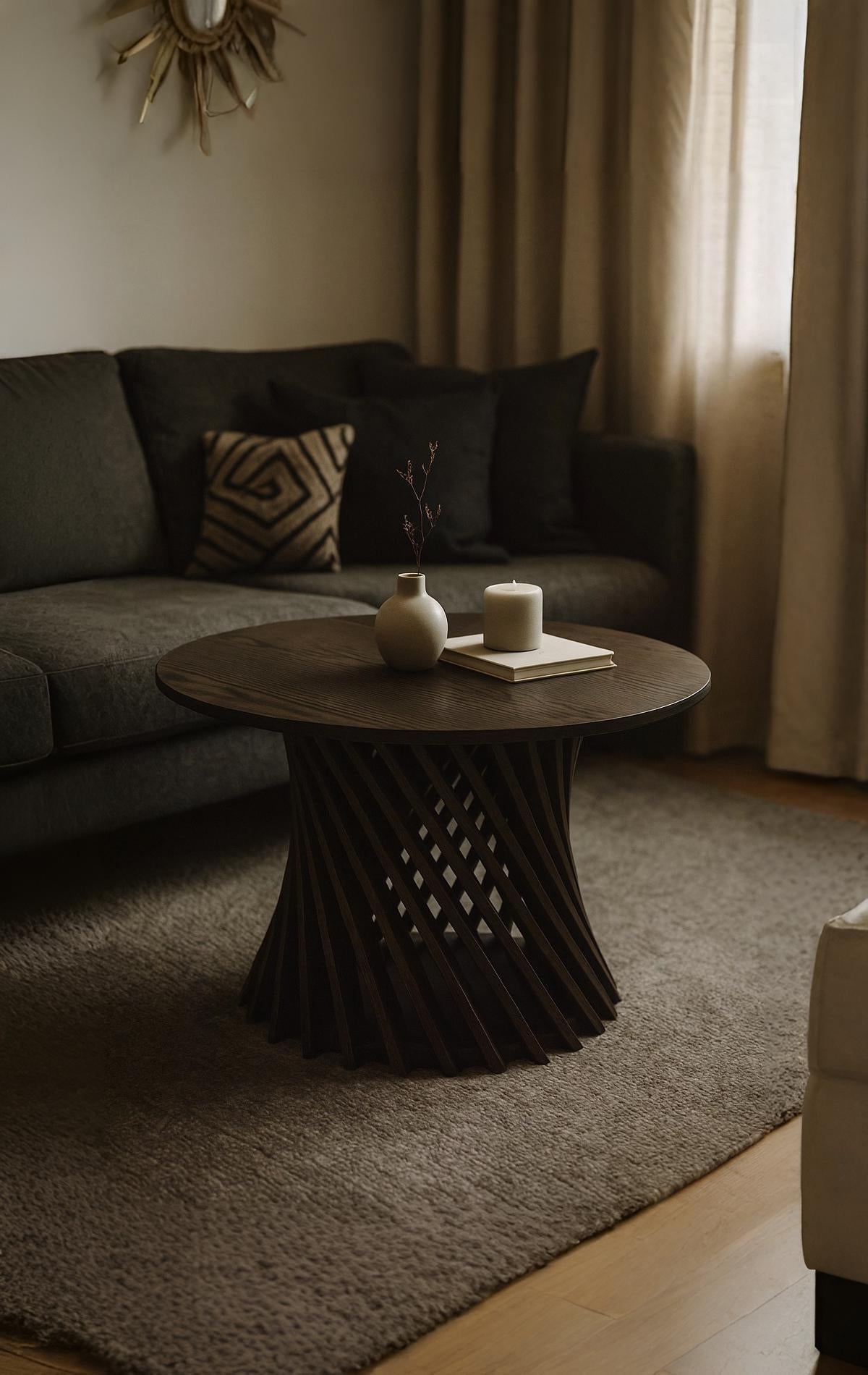 Coffee Table Emma - Espresso Matte Lacquer finish with twisted solid oak ribs and round top in minimalist Scandinavian design, gallery position 1