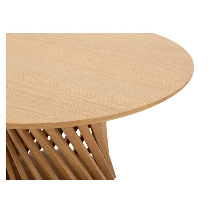 Coffee Table Emma - Natural Matte lacquer finish close-up of round solid oak top and twisted ribbed leg in minimalist Scandinavian design, gallery position 1