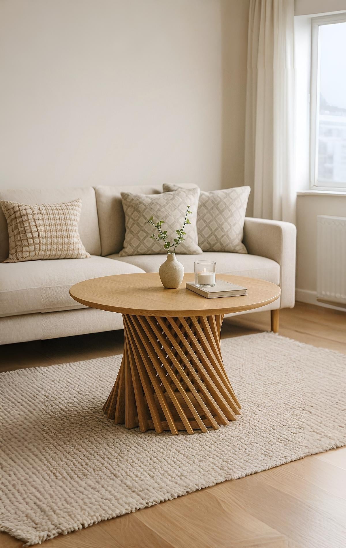 Emma oak coffee table with twisted ribbed legs and minimalist round tabletop