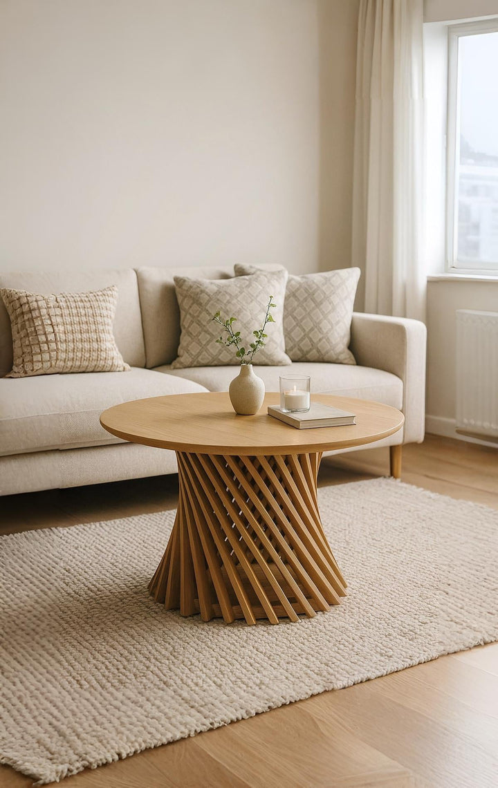 Emma oak coffee table with twisted ribbed legs and minimalist round tabletop