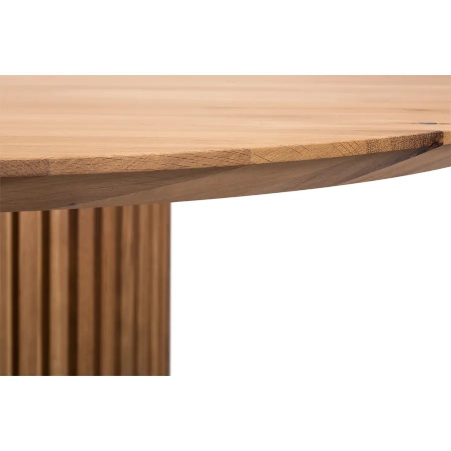 Coffee Table Oslo close-up of smooth natural oak edge and textured solid oak ribbed base in minimalist Scandinavian design, gallery position 1